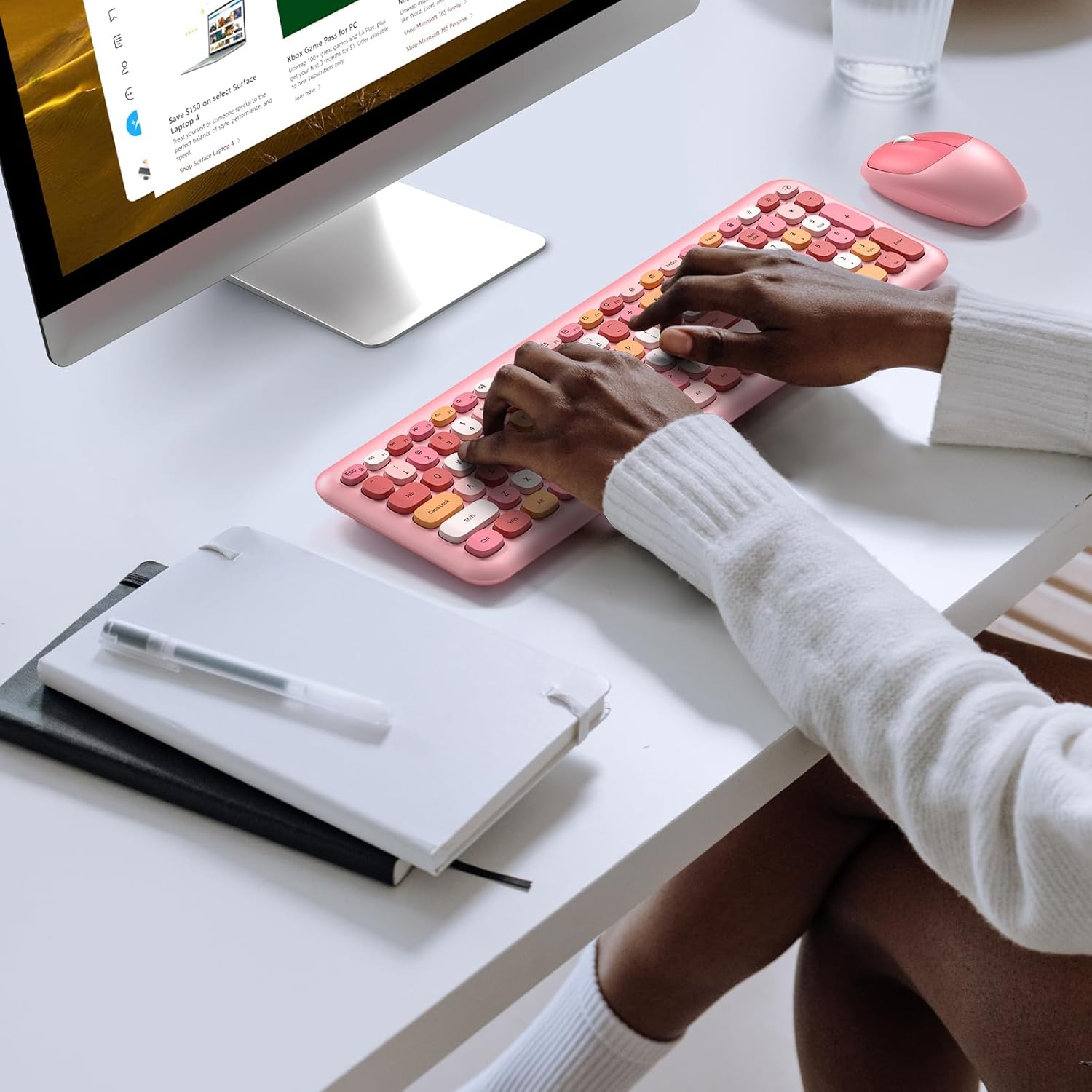 Wireless Keyboard and Mouse Combo,Full-Sized 2.4 GHz 104 Keys Typewriter Keyboard,Optical Mouse for Laptop,Desktop,Windows, Computer, Mac, Pale Pink