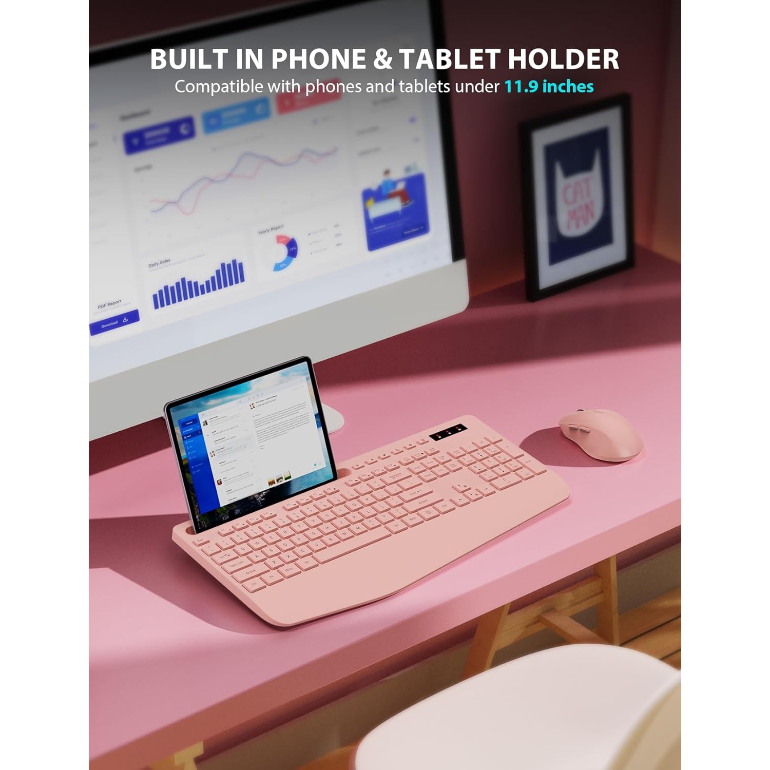 Wireless Keyboard and Mouse Combo, Full-Sized Keyboard, Silent 2.4GHz Cordless Keyboard Mouse for Laptop, PC, Mac,Computer, Windows, Pink