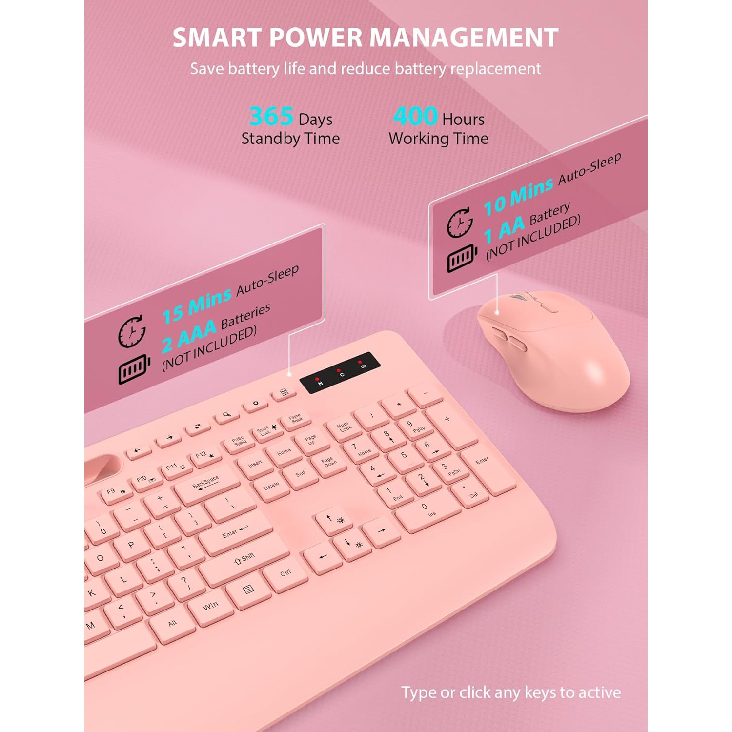 Wireless Keyboard and Mouse Combo, Full-Sized Keyboard, Silent 2.4GHz Cordless Keyboard Mouse for Laptop, PC, Mac,Computer, Windows, Pink
