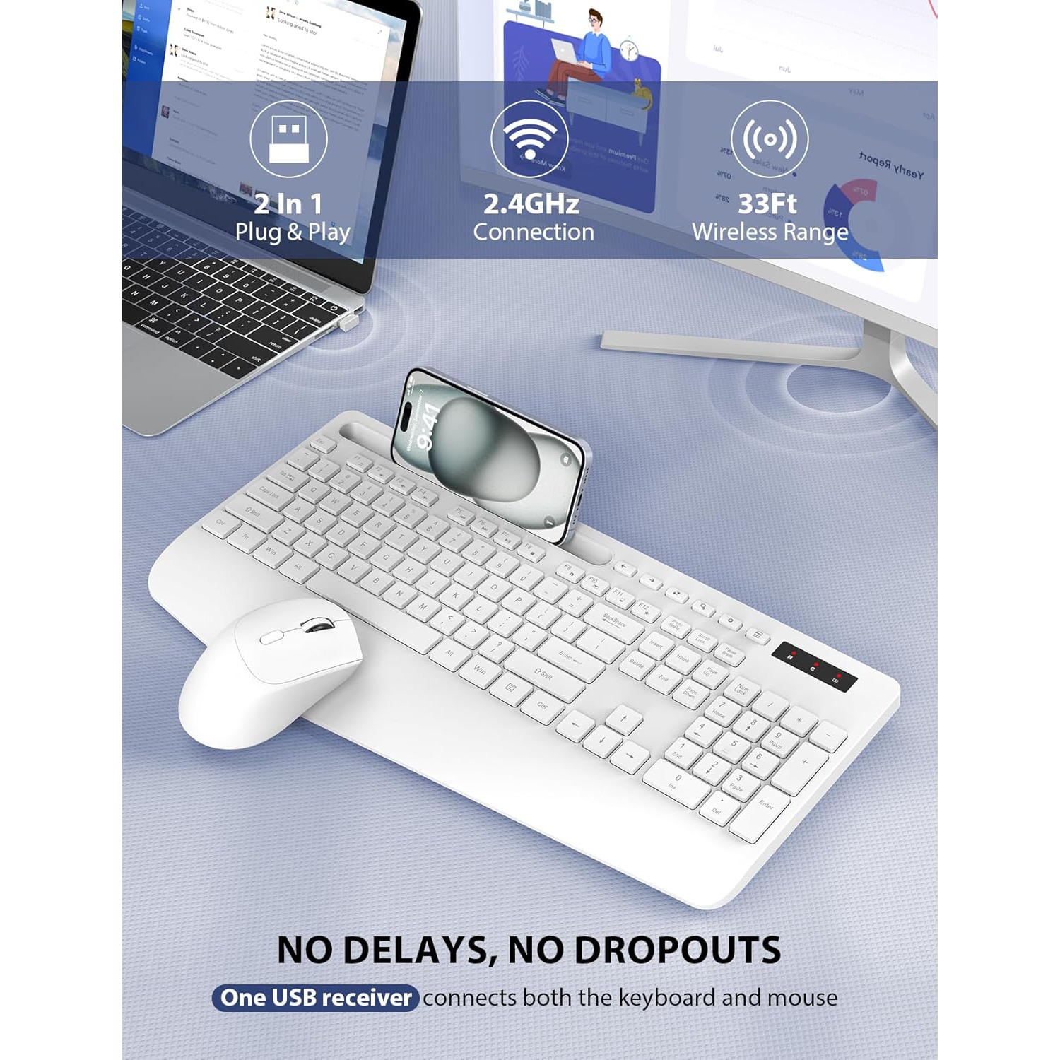 Wireless Keyboard and Mouse Combo, Full-Sized Keyboard, Silent 2.4GHz Cordless Keyboard Mouse for Laptop, PC, Mac,Computer, Windows, White