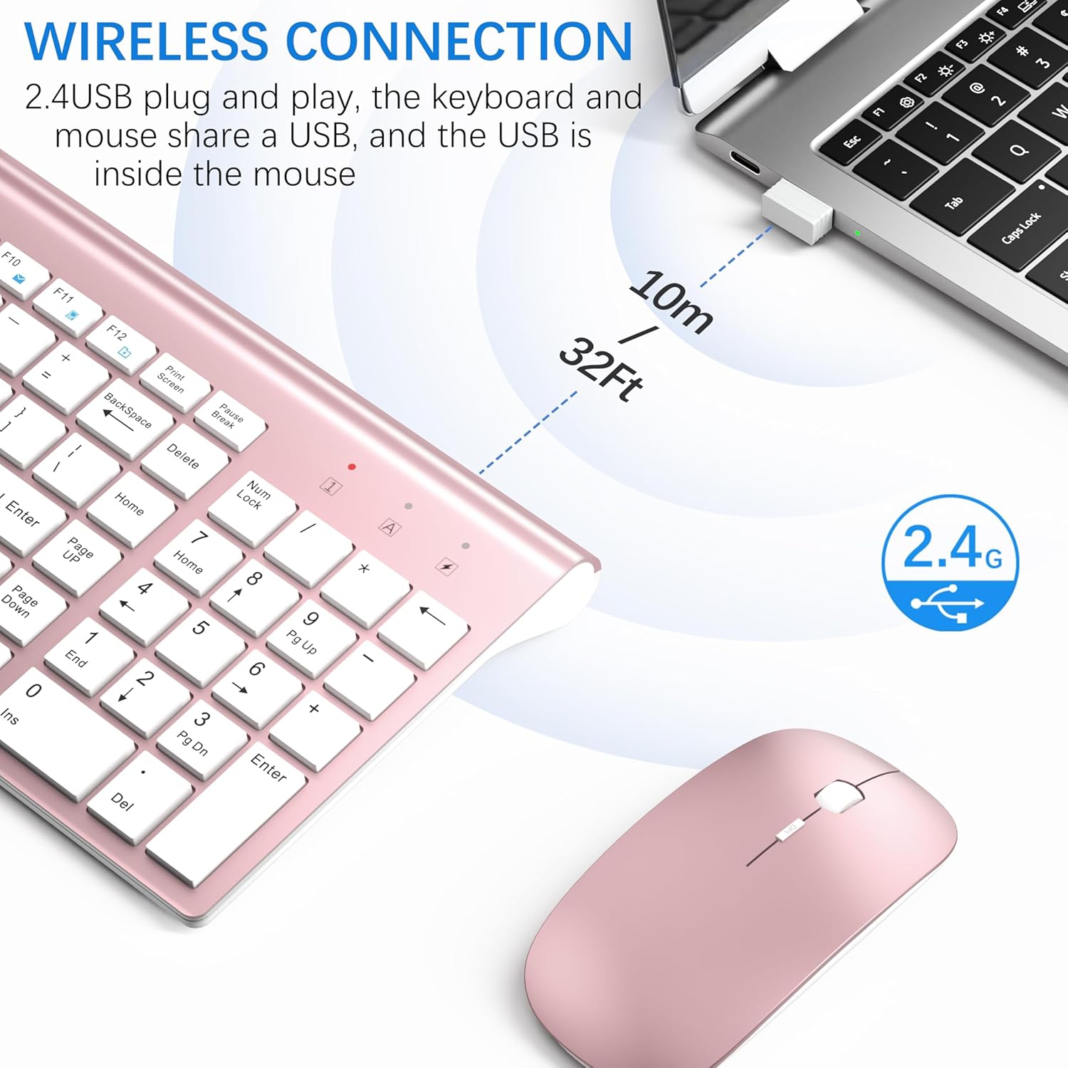 Wireless Keyboard and Mouse,2.4G USB Quiet Compact Scissor Switch Keyboard Mice Set with Cover,for Laptop/PC/Window, Rose Gold White