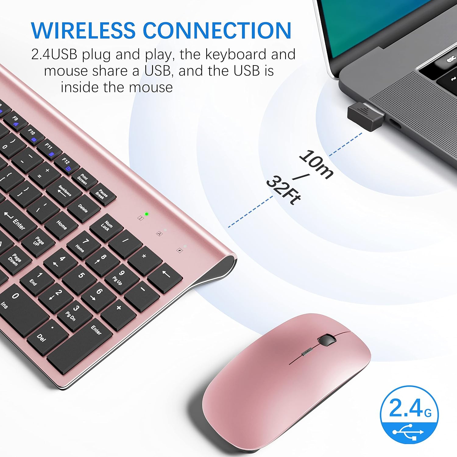 Wireless Keyboard and Mouse,2.4G USB Quiet Compact Scissor Switch Keyboard Mice Set with Cover,for Laptop/PC/Window, Rose Gold Black