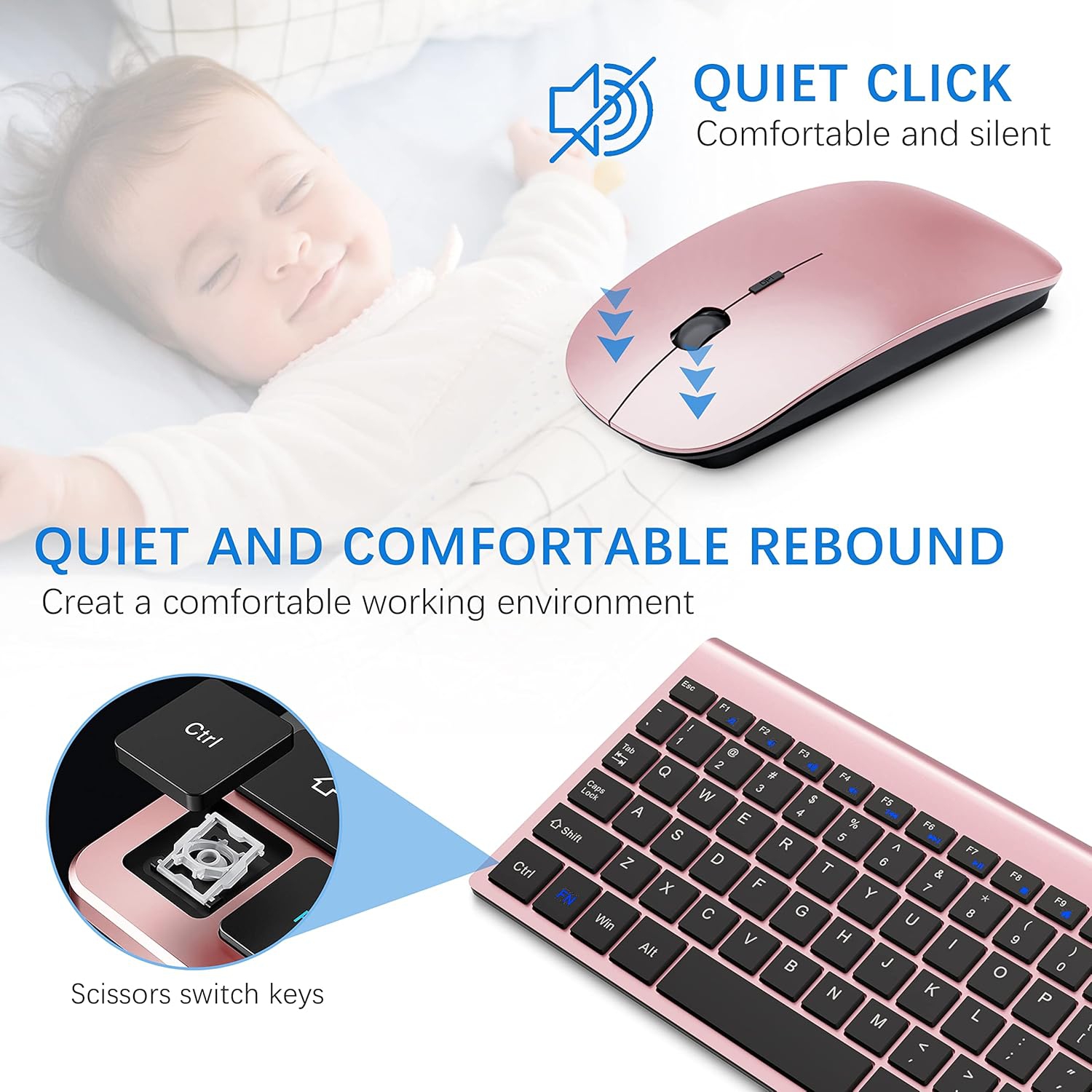 Wireless Keyboard and Mouse,2.4G USB Quiet Compact Scissor Switch Keyboard Mice Set with Cover,for Laptop/PC/Window, Rose Gold Black