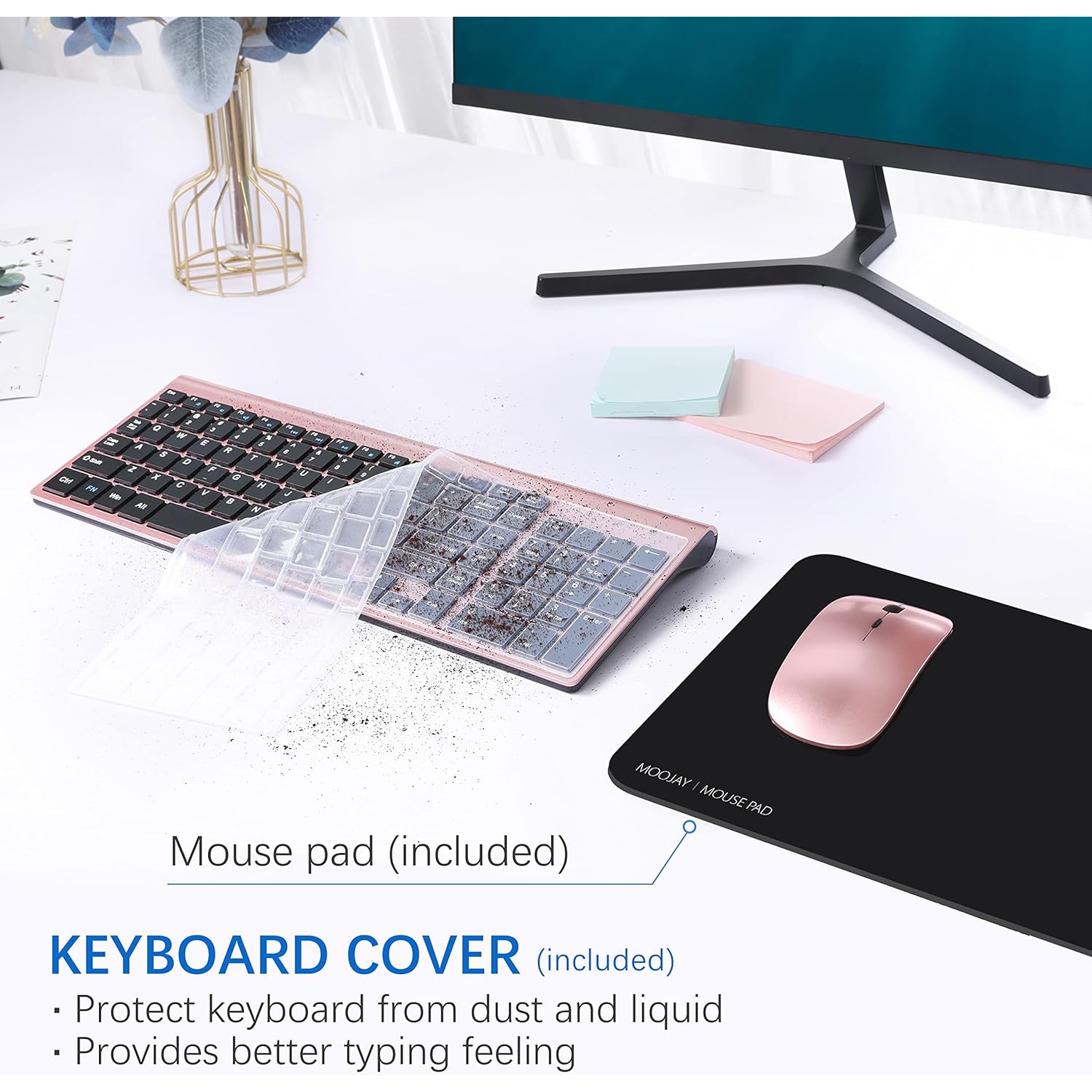 Wireless Keyboard and Mouse,2.4G USB Quiet Compact Scissor Switch Keyboard Mice Set with Cover,for Laptop/PC/Window, Rose Gold Black