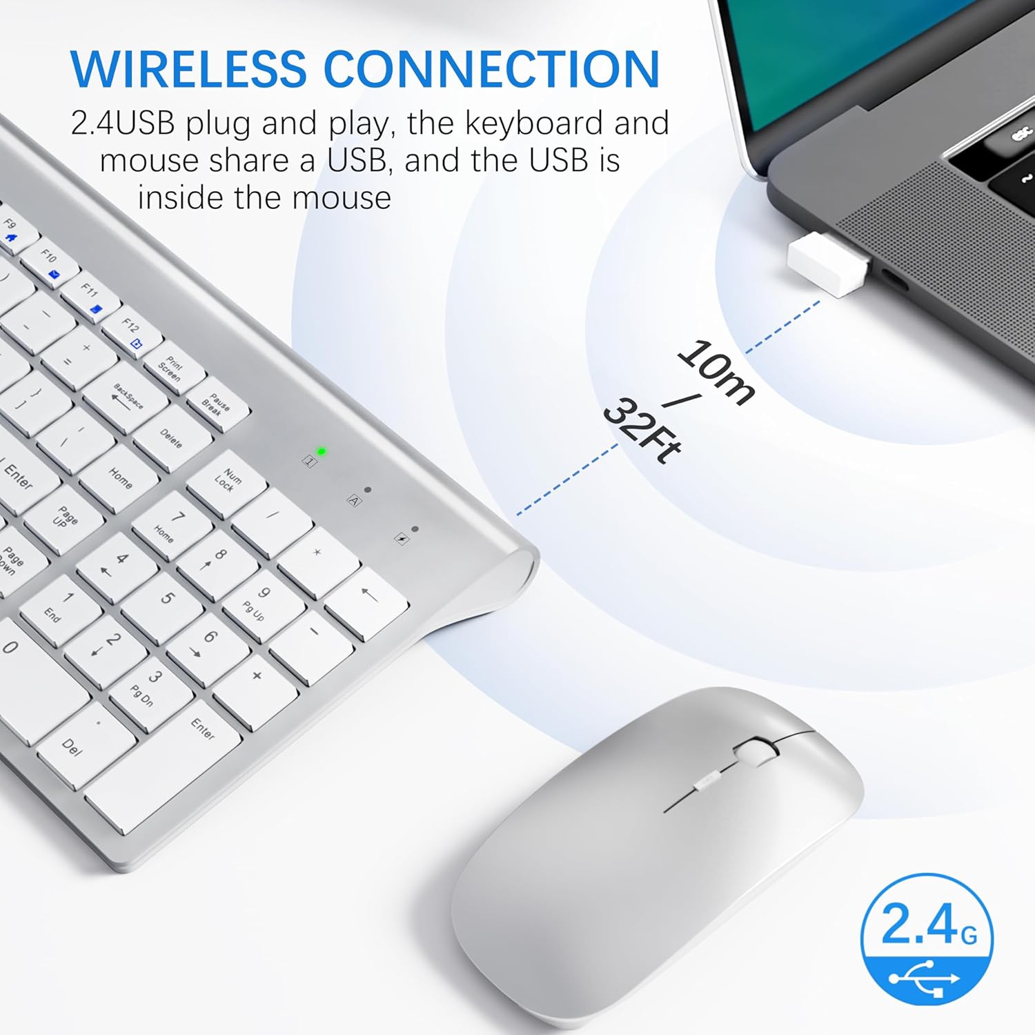 Wireless Keyboard and Mouse,2.4G USB Quiet Compact Scissor Switch Keyboard Mice Set with Cover,for Laptop/PC/Window, Silver White