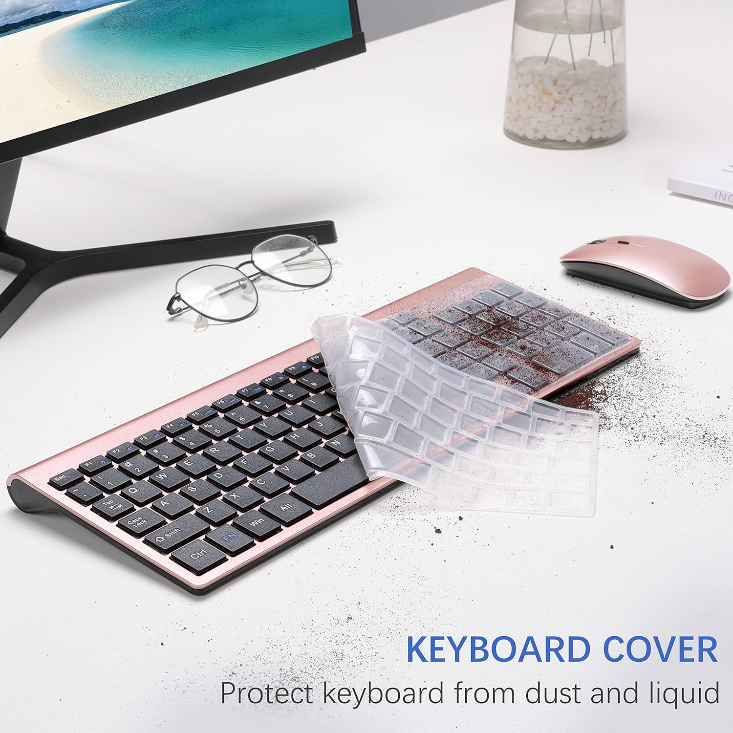 Wireless Keyboard and Mouse Combo, 2.4G Silent Compact USB Mouse and Scissor Switch Keyboard Set,for PC/Laptop/Windows/Mac, Rose Gold Black