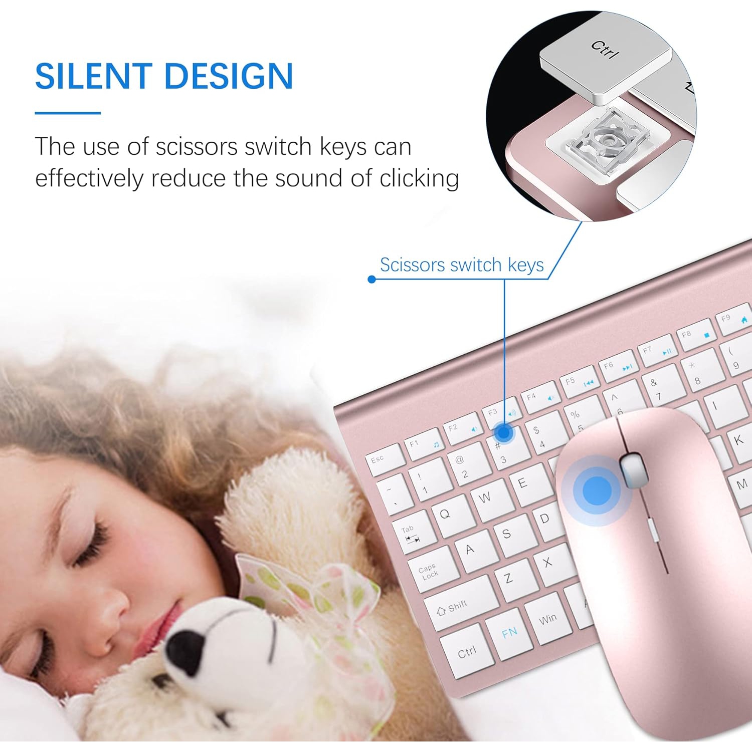 Wireless Keyboard and Mouse Combo, 2.4G Silent Compact USB Mouse and Scissor Switch Keyboard Set,for PC/Laptop/Windows/Mac, Rose Gold White