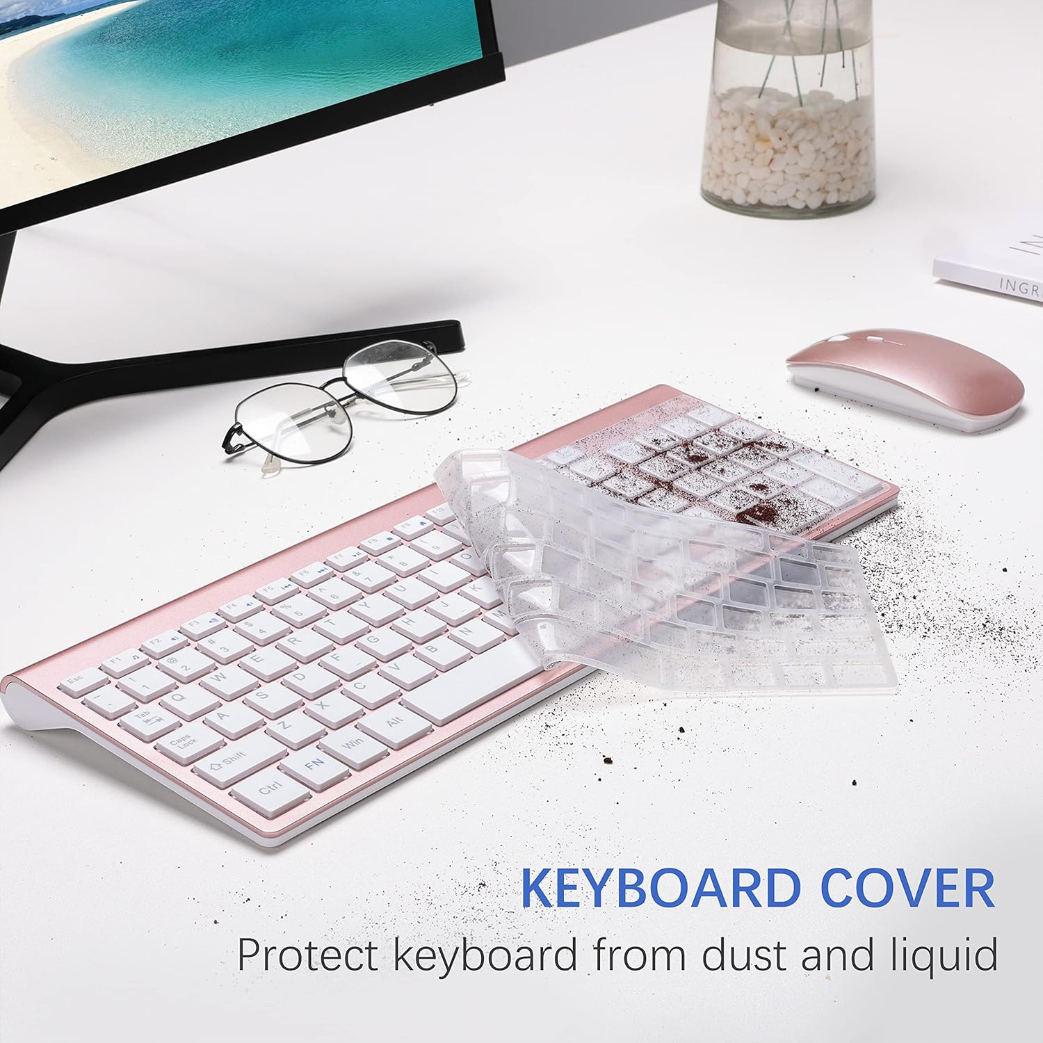Wireless Keyboard and Mouse Combo, 2.4G Silent Compact USB Mouse and Scissor Switch Keyboard Set,for PC/Laptop/Windows/Mac, Rose Gold White