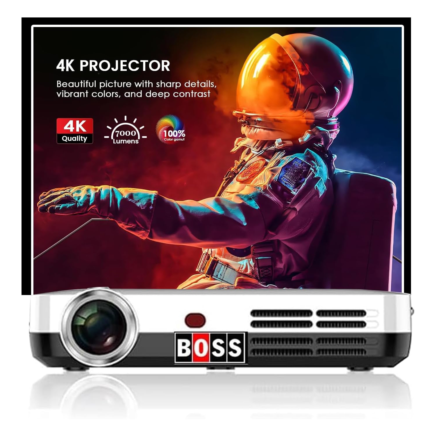 Boss Projector 4K 3840 X 2160 Resolution, 7000 Lumens,3D Smart Android Mini Projector with Projector Screen, 60000 Hours Life, Compatible with TV Stick,Games, HDMI, USB, Smartphone