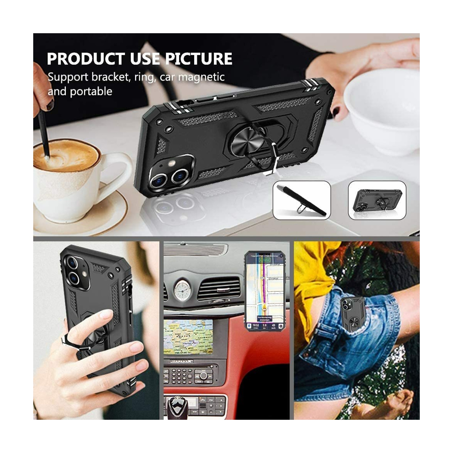 [CS] Étui rigide avec béquille et support à anneau magnétique pour iPhone 16 Pro Max, noir