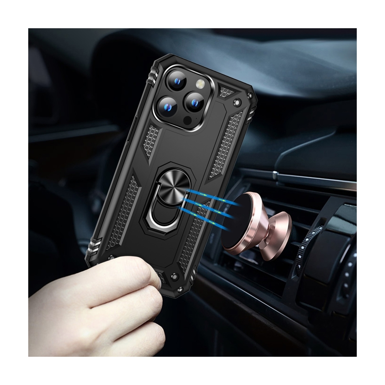 [CS] Étui rigide avec béquille et support à anneau magnétique pour iPhone 16 Pro Max, noir