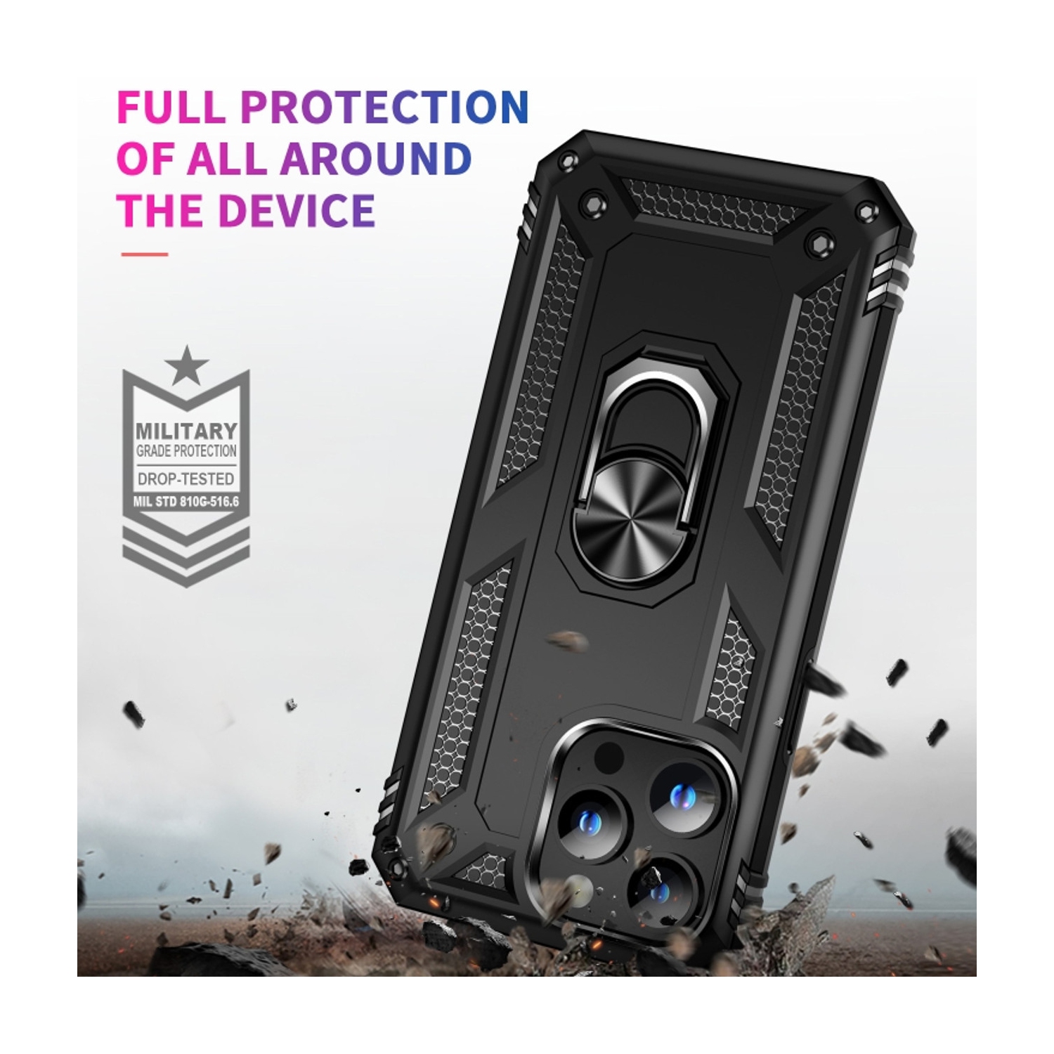 [CS] Étui rigide avec béquille et support à anneau magnétique pour iPhone 16 Pro Max, noir