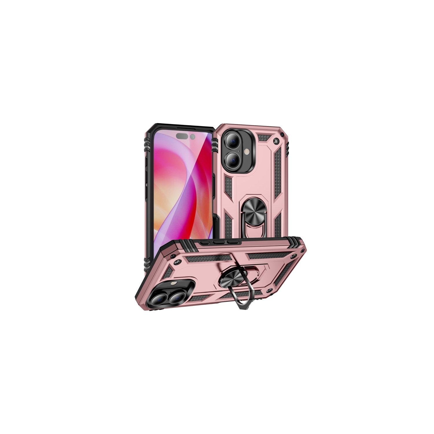 [CS] Hybrid Hard Kickstand Case Cover with Magnetic Ring Holder for iPhone 16, Rose Gold