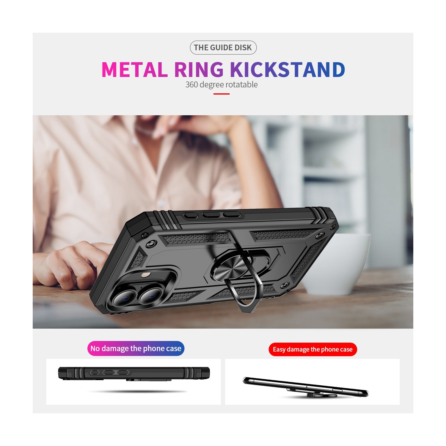 [CS] Hybrid Hard Kickstand Case Cover with Magnetic Ring Holder for iPhone 16 Plus, Rose Gold