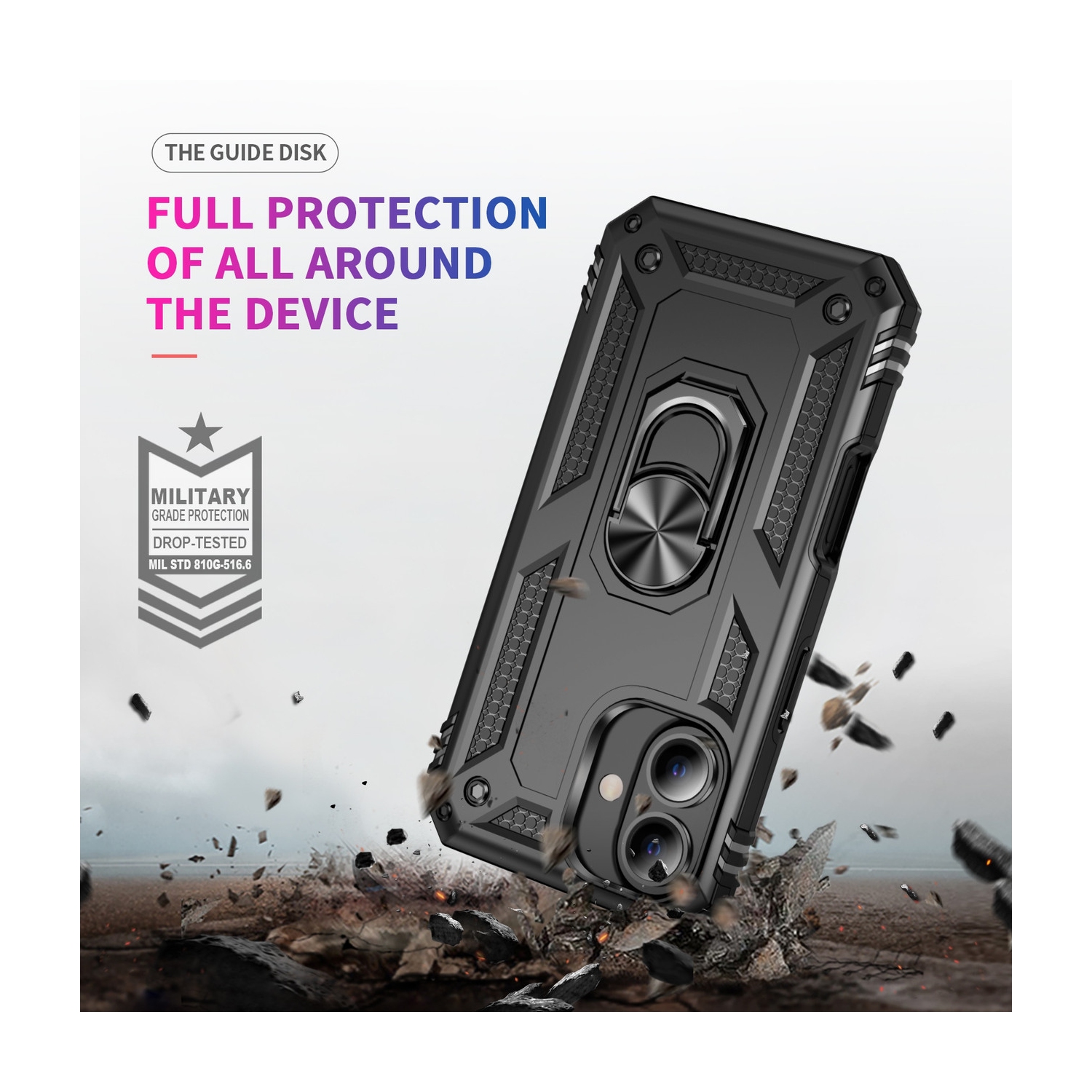 [CS] Hybrid Hard Kickstand Case Cover with Magnetic Ring Holder for iPhone 16 Plus, Black