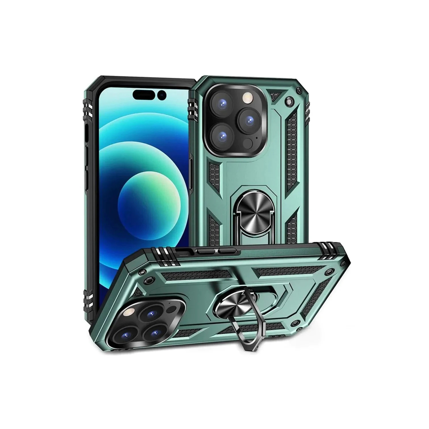 [CS] Hybrid Hard Kickstand Case Cover with Magnetic Ring Holder for iPhone 16 Pro, Green