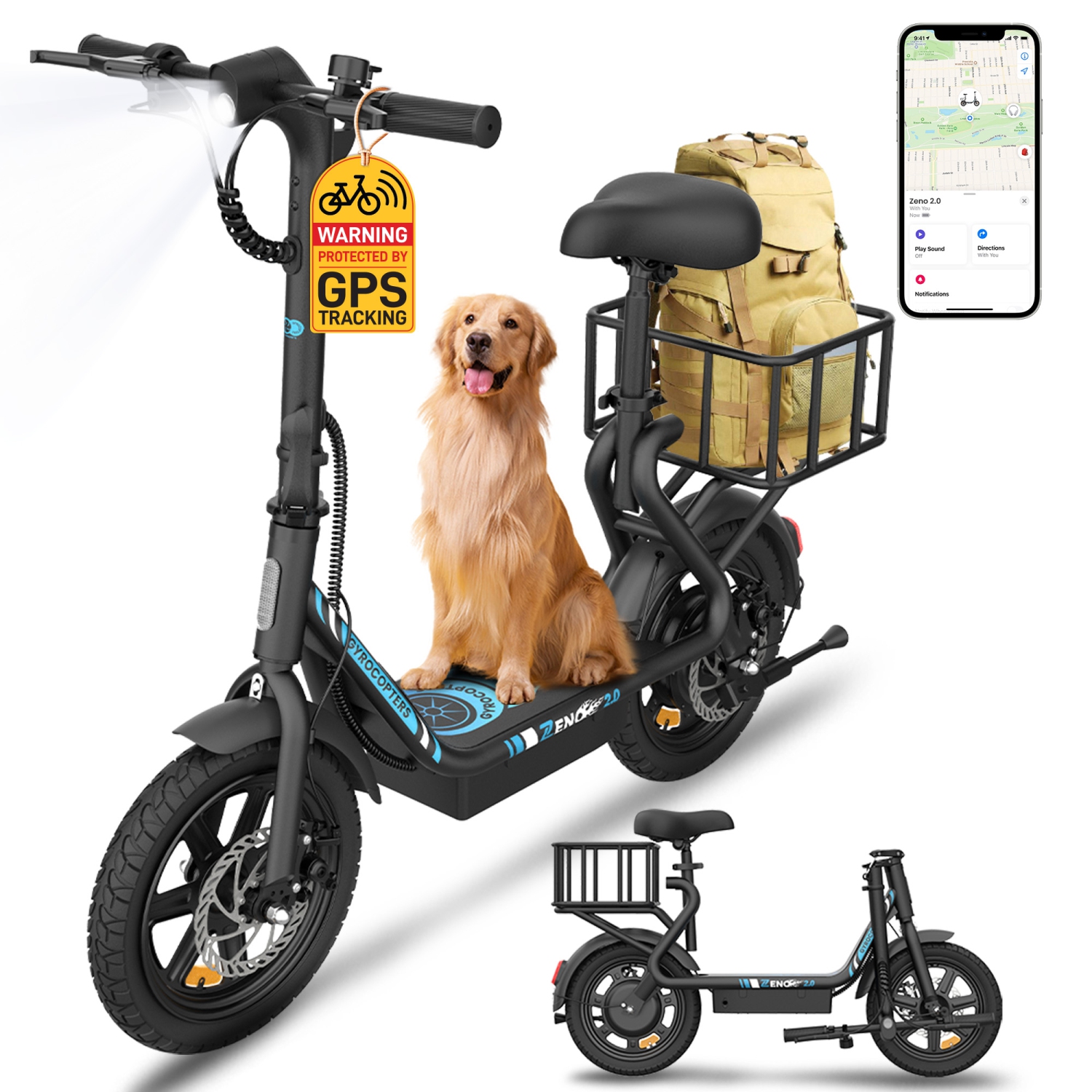 Gyrocopters Zeno2.0 Upgraded Electric Scooter | 500W Peak Motor | 32km/h Speed | UL2272 Safety | 40km Range | Shock-Absorbing Seat | Anti-theft GPS