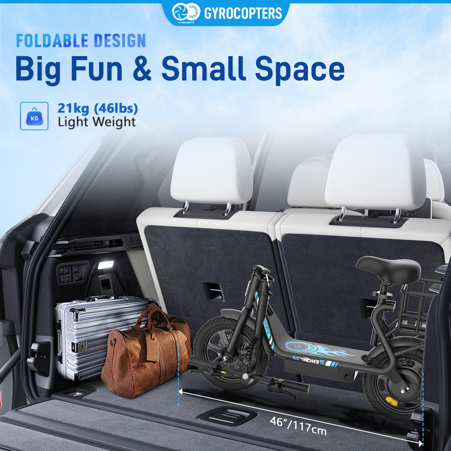 Gyrocopters Zeno2.0 Upgraded Electric Scooter | 500W Peak Motor | 32km/h Speed | UL2272 Safety | 40km Range | Shock-Absorbing Seat | Anti-theft GPS