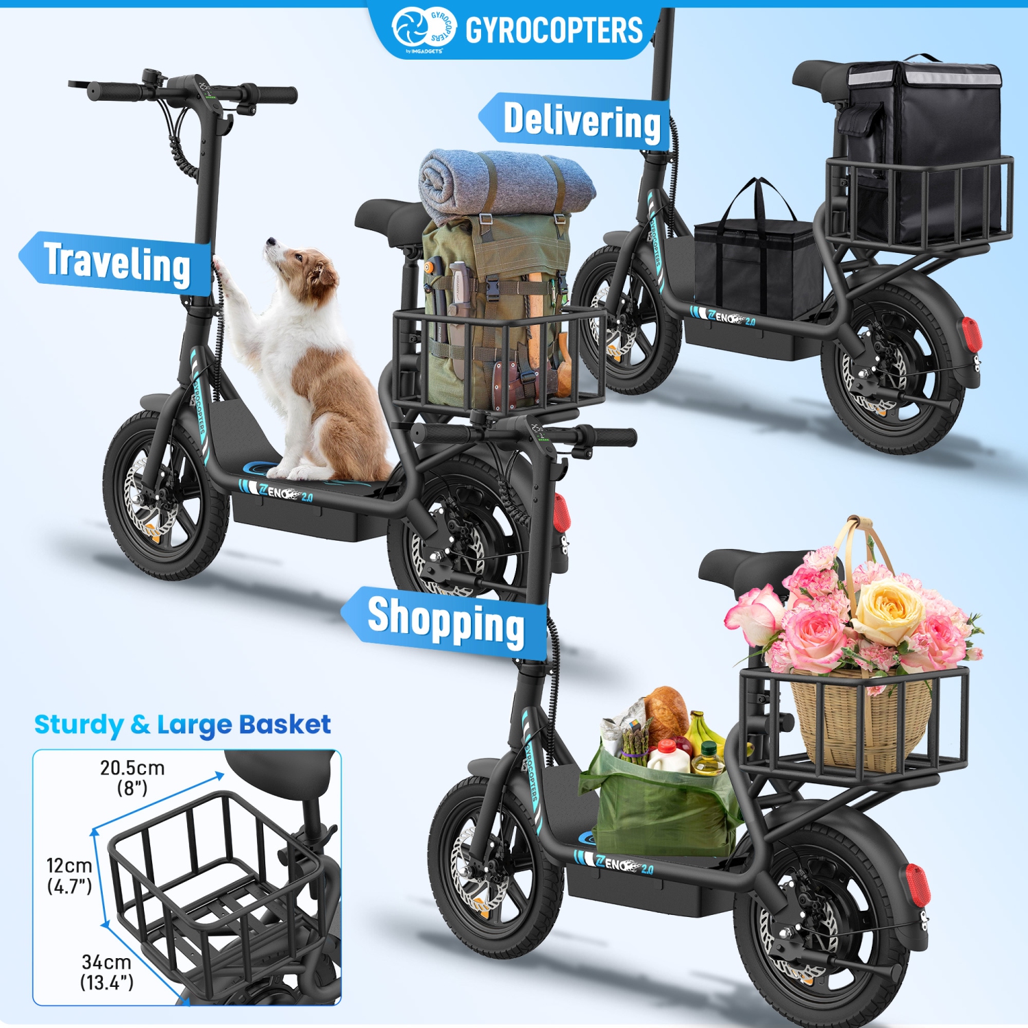 Gyrocopters Zeno2.0 Upgraded Electric Scooter | 500W Peak Motor | 32km/h Speed | UL2272 Safety | 40km Range | Shock-Absorbing Seat | Anti-theft GPS