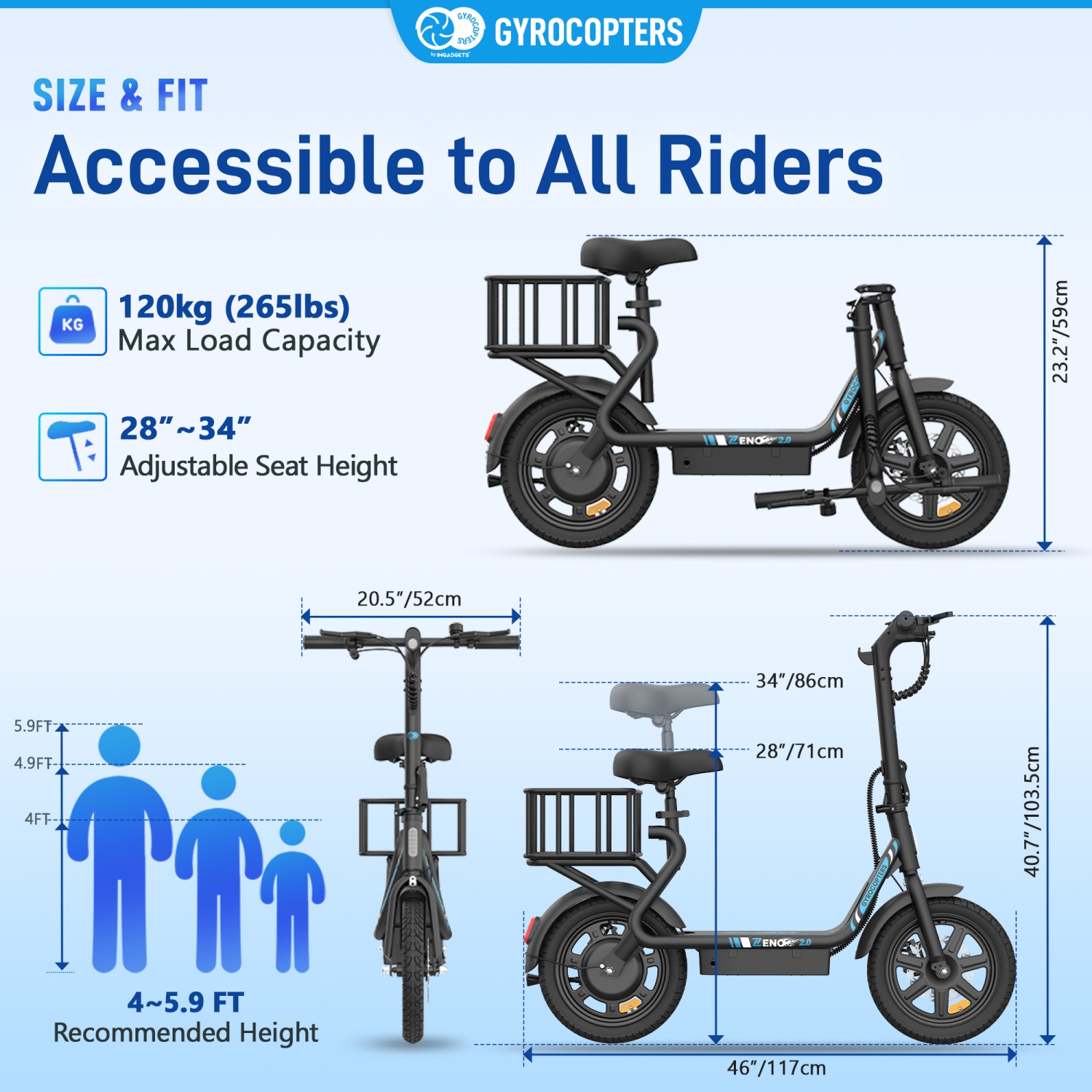 Gyrocopters Zeno2.0 Upgraded Electric Scooter | 500W Peak Motor | 32km/h Speed | UL2272 Safety | 40km Range | Shock-Absorbing Seat | Anti-theft GPS