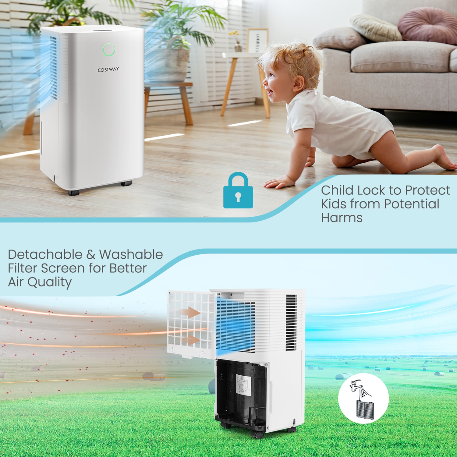 Costway 1750 Sq. Ft Dehumidifier for Large Room and Basements, 32 Pints Dehumidifier w/ 3 Modes, 2 Speeds, 24H Timer, Auto or Manual Drainage, 0.5
