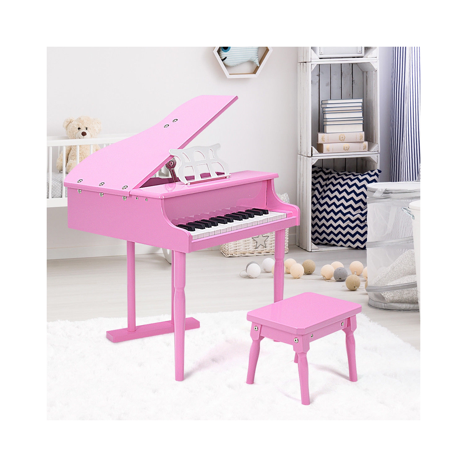 Costway Classical Kids Piano, 30-Key Mini Grand Piano with Music Stand and Bench, Wooden Musical Instrument Toy w/Lid & Music Rack, Gift for Boys