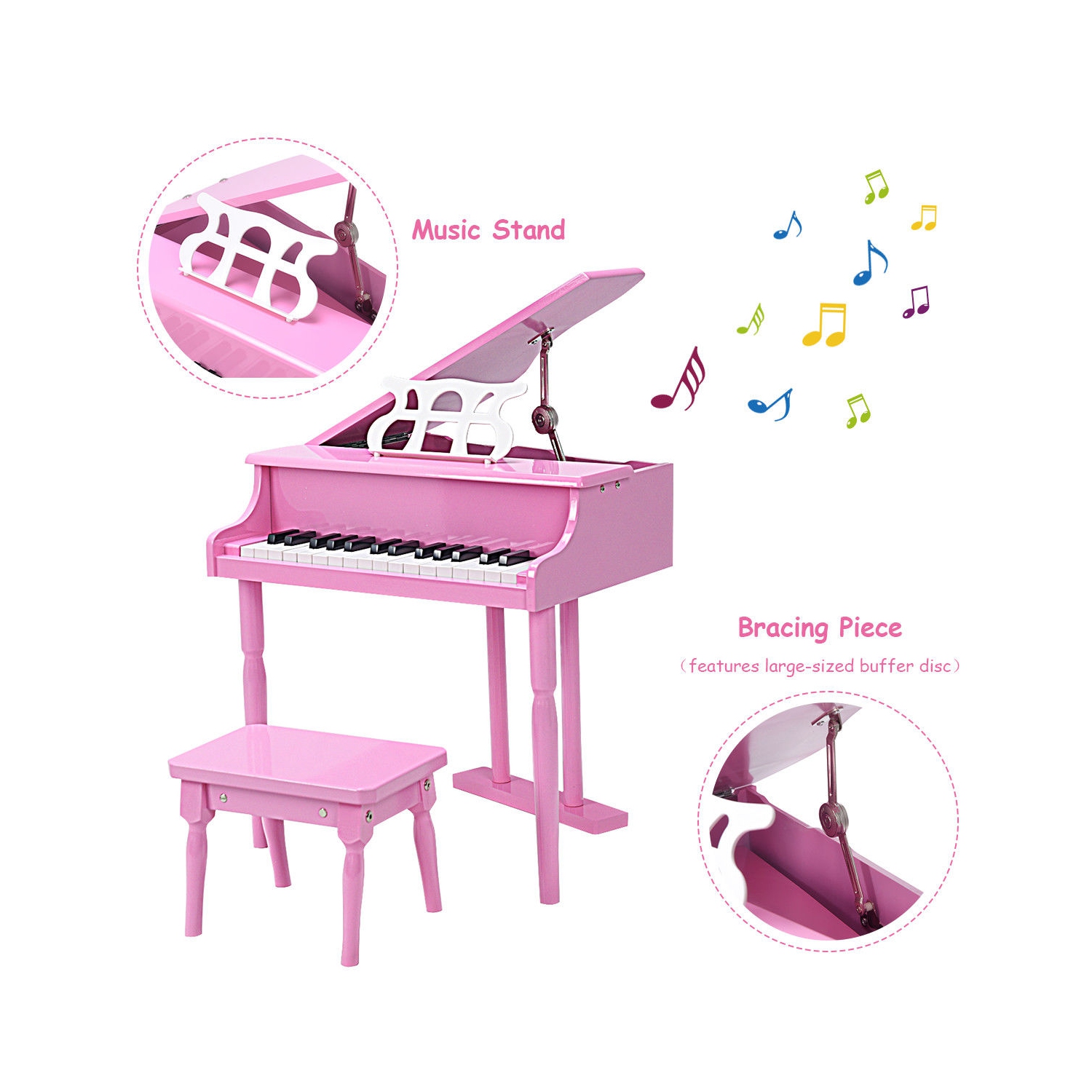 Costway Classical Kids Piano, 30-Key Mini Grand Piano with Music Stand and Bench, Wooden Musical Instrument Toy w/Lid & Music Rack, Gift for Boys