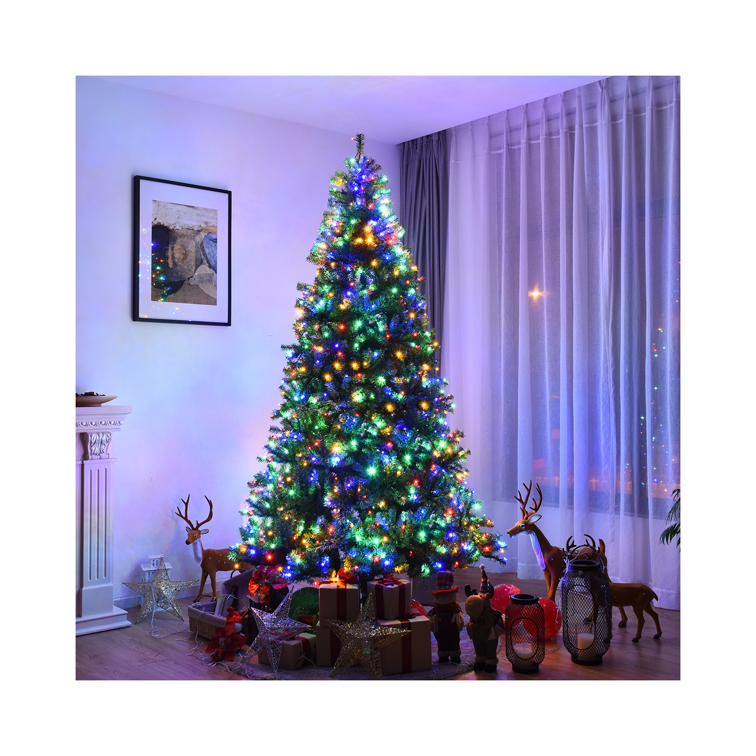 Costway 8ft Pre-Lit Christmas Tree, 750 Multi-Color or Warm White LED Lights with 11 Lighting Modes, 2128 PVC Branch Tips, Metal Stand, Hinged Xmas Artificial Decoration Tree