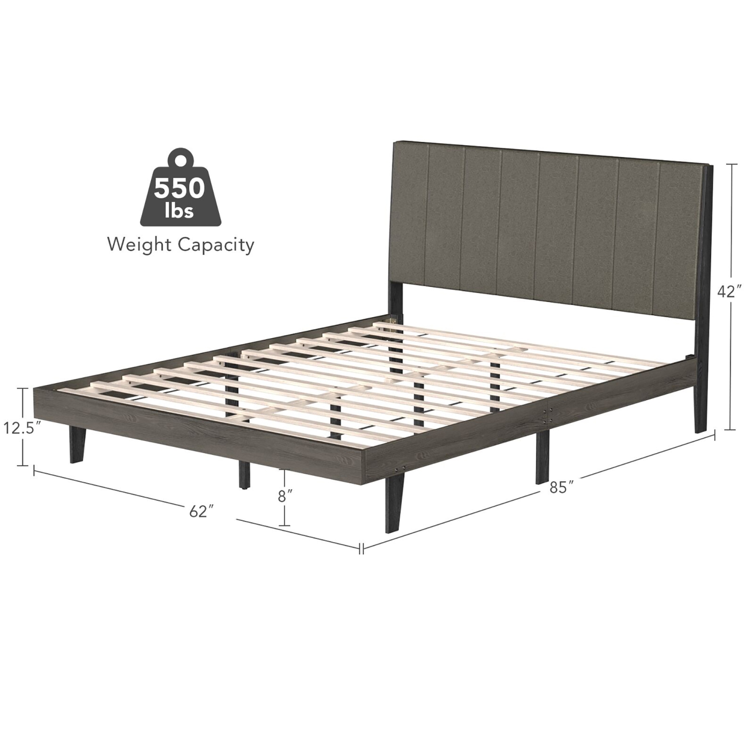 Costway Upholstered Bed Frame, Wooden Slats Support Queen Mattress Foundation with Tufted Headboard, Platform Bed with Rubber Wood Legs, No Box