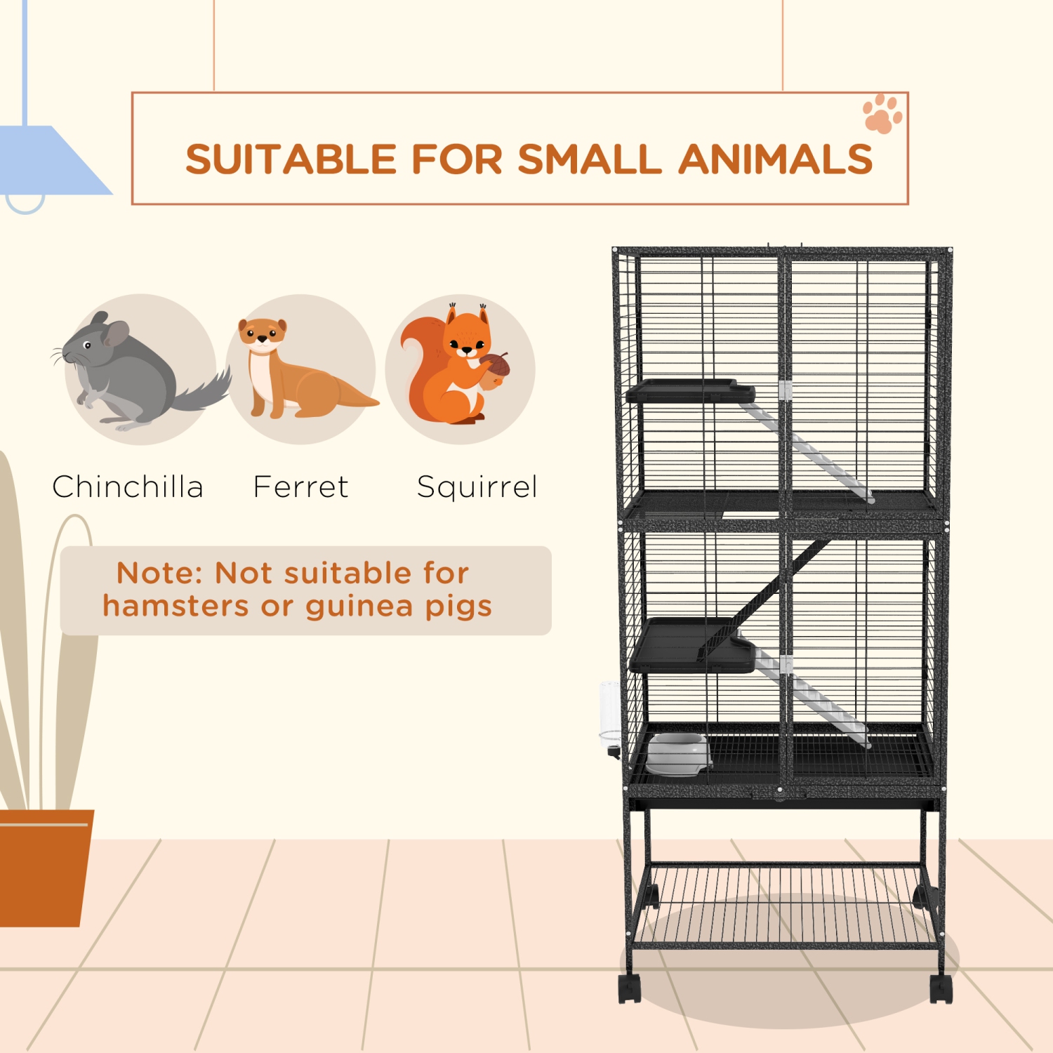 PawHut 53.5"H Ferret Cage, 4-Tier Rolling Rat Cage for Chinchillas, Rabbits, Squirrel, Small Animal Habitat with Bottom Storage Shelf, Removable