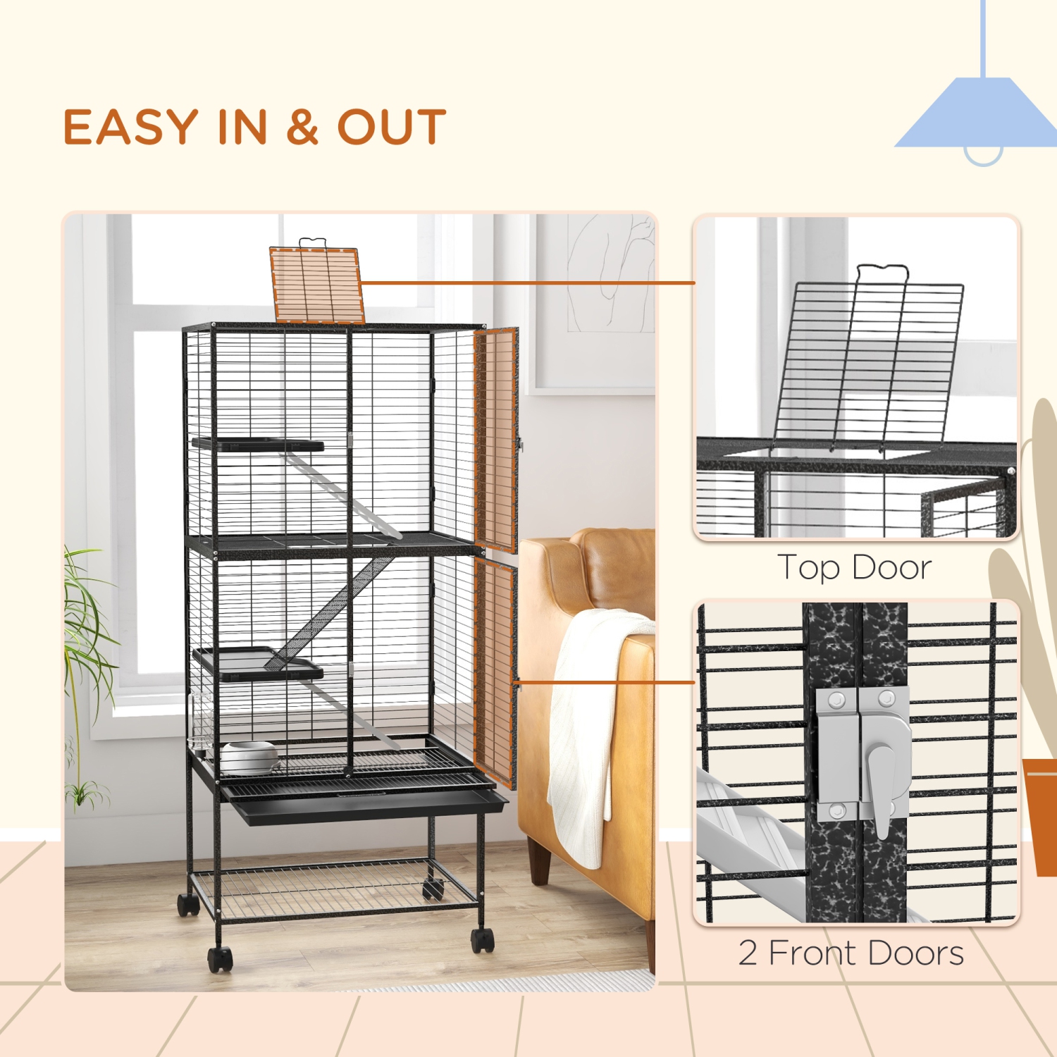 PawHut 53.5"H Ferret Cage, 4-Tier Rolling Rat Cage for Chinchillas, Rabbits, Squirrel, Small Animal Habitat with Bottom Storage Shelf, Removable