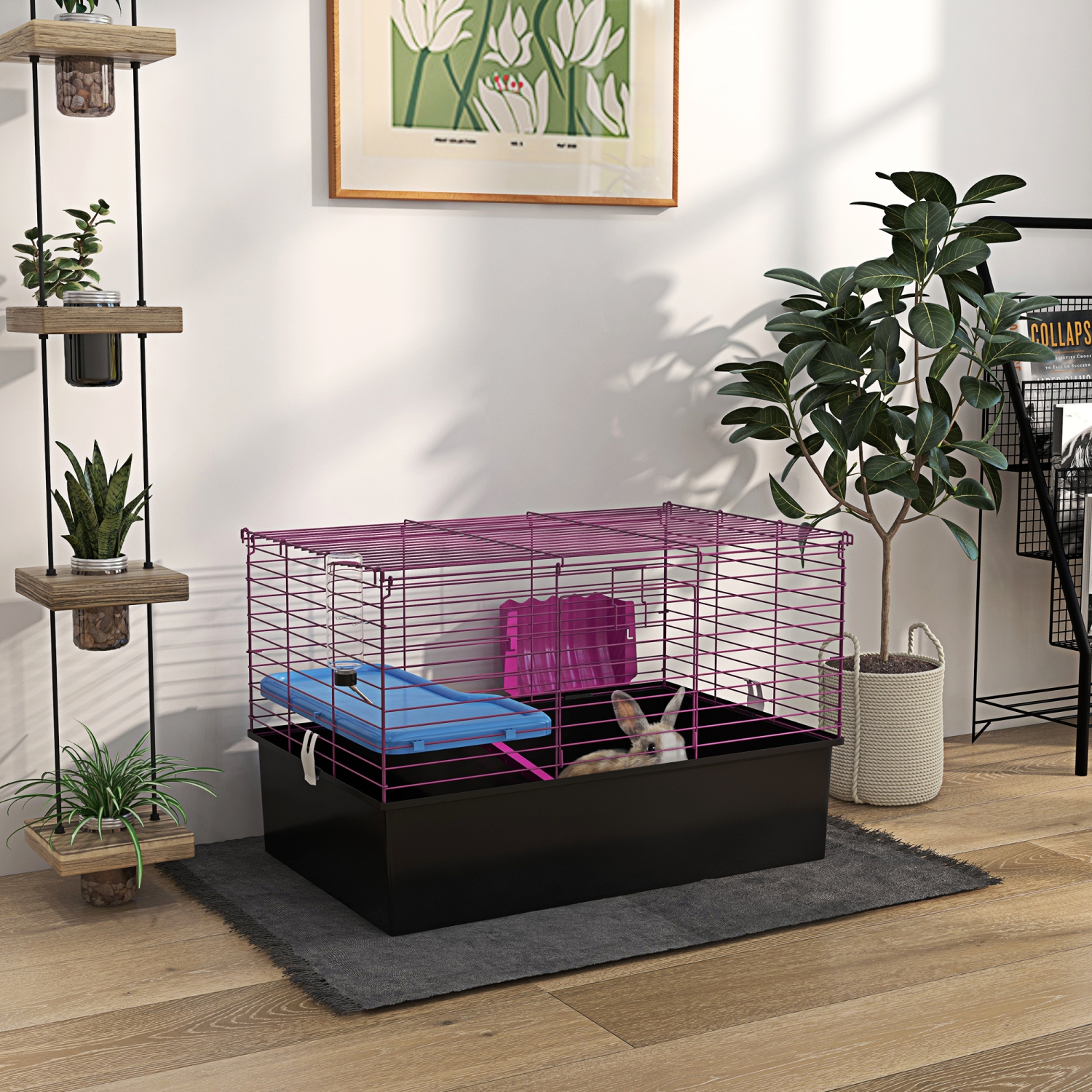 PawHut 28" L Rabbit Cage, Guinea Pig Cage, Small Animal Habitat with Water Bottle, Food Dish, Platform, Ramp, for Ferret, Chinchilla, Hedgehog, Black