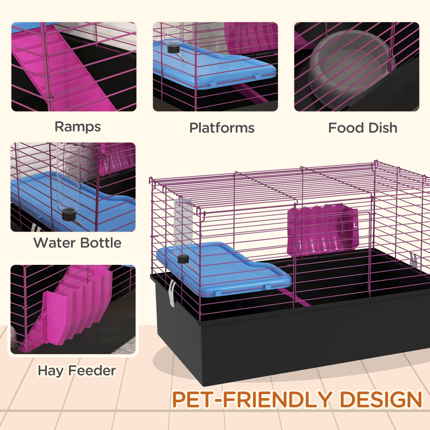 PawHut 28" L Rabbit Cage, Guinea Pig Cage, Small Animal Habitat with Water Bottle, Food Dish, Platform, Ramp, for Ferret, Chinchilla, Hedgehog, Black