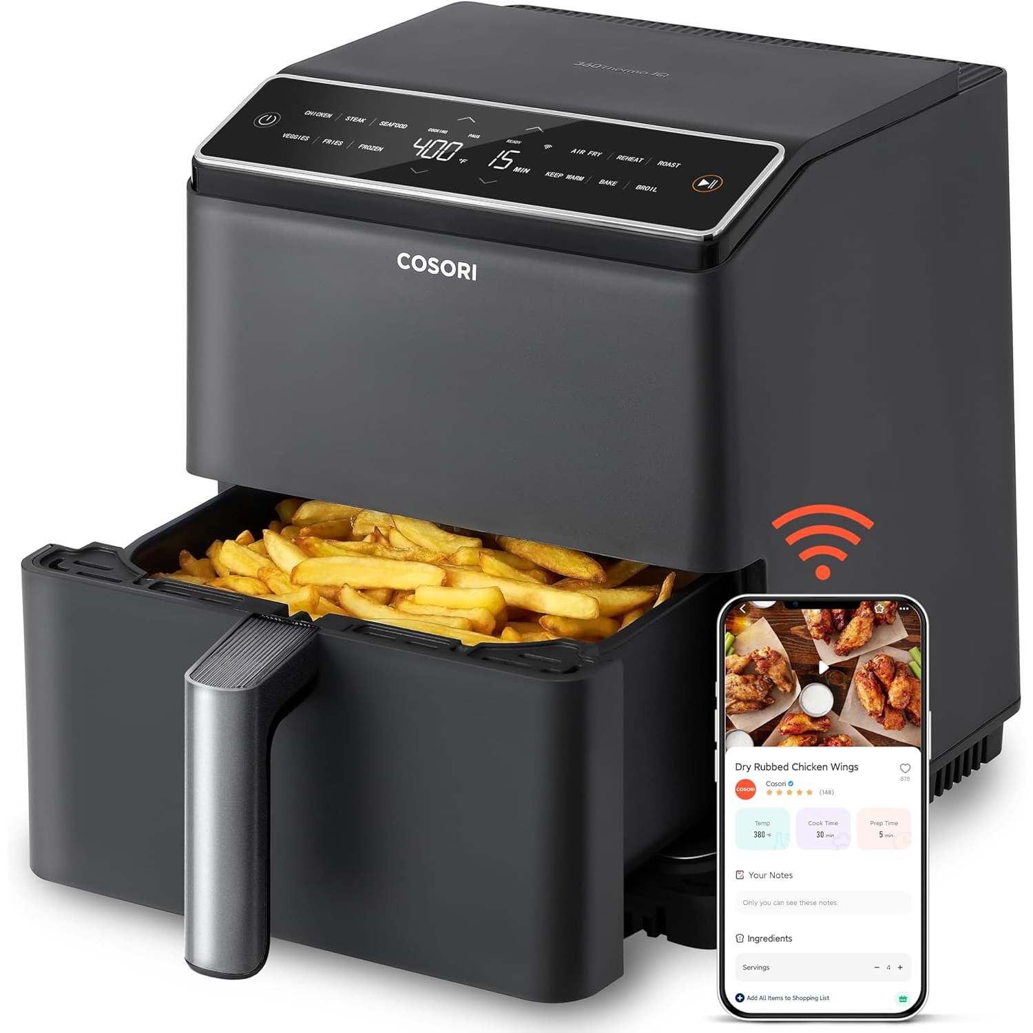 COSORI 6.8Qt Air Fryer, 12-in-1 Dual Blaze for 360° Crispy Meals, No Shaking & Preheating to Fast Cooking with Bake, Roast, Broil, 100+In-App Recipes, Dishwasher Safe