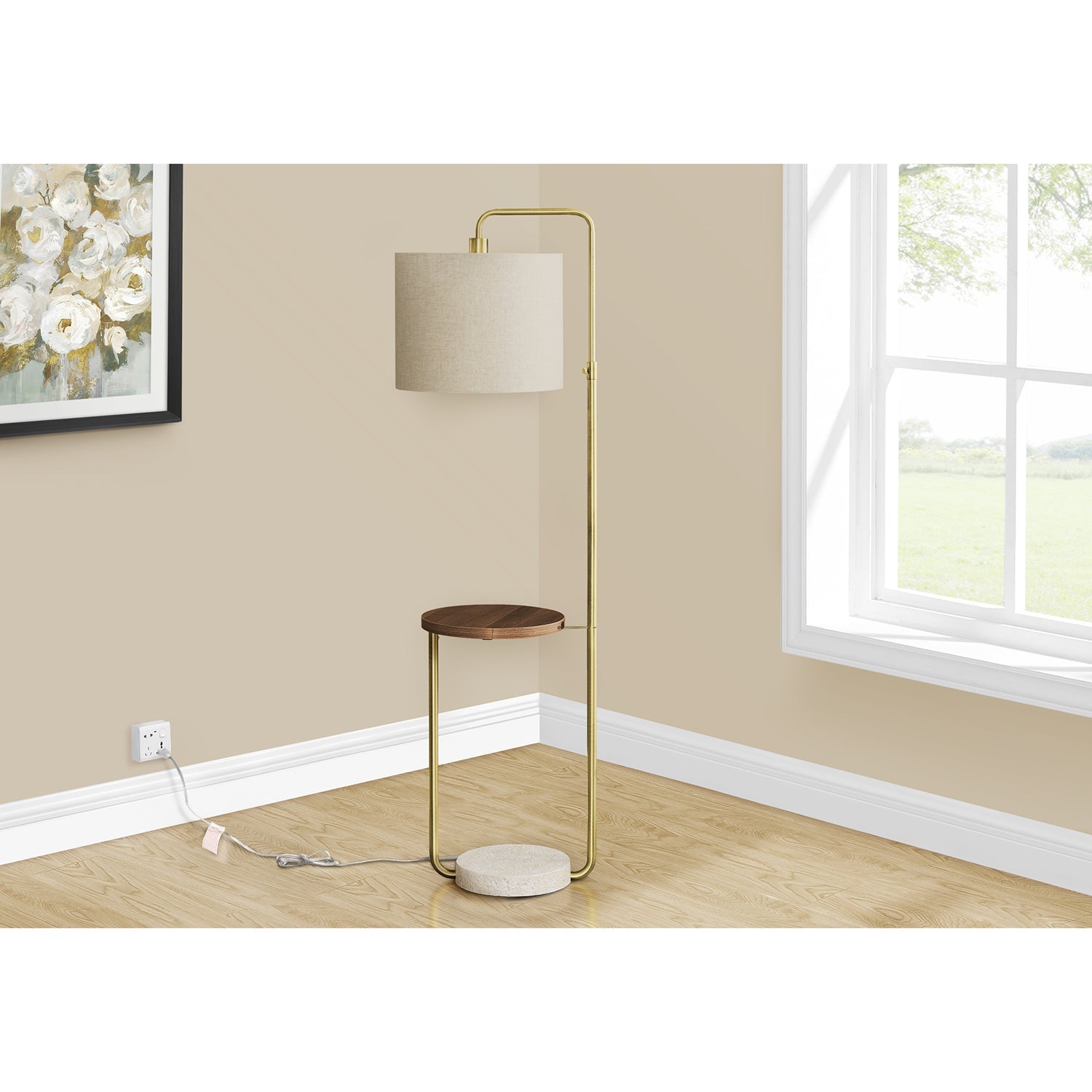 Monarch Specialties I 9754 - éclairage, 67 haut., lampadaire, port USB inclus, métal laiton, abat-jour beige, contemporain