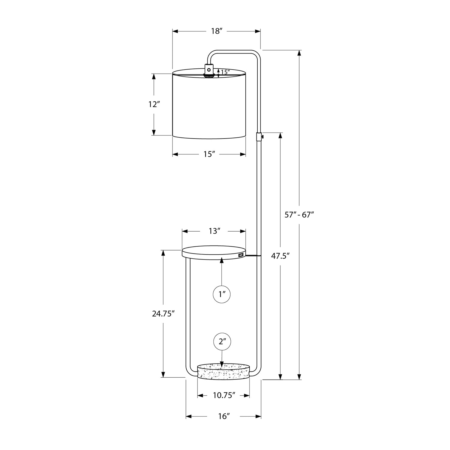 Monarch Specialties I 9754 - éclairage, 67 haut., lampadaire, port USB inclus, métal laiton, abat-jour beige, contemporain