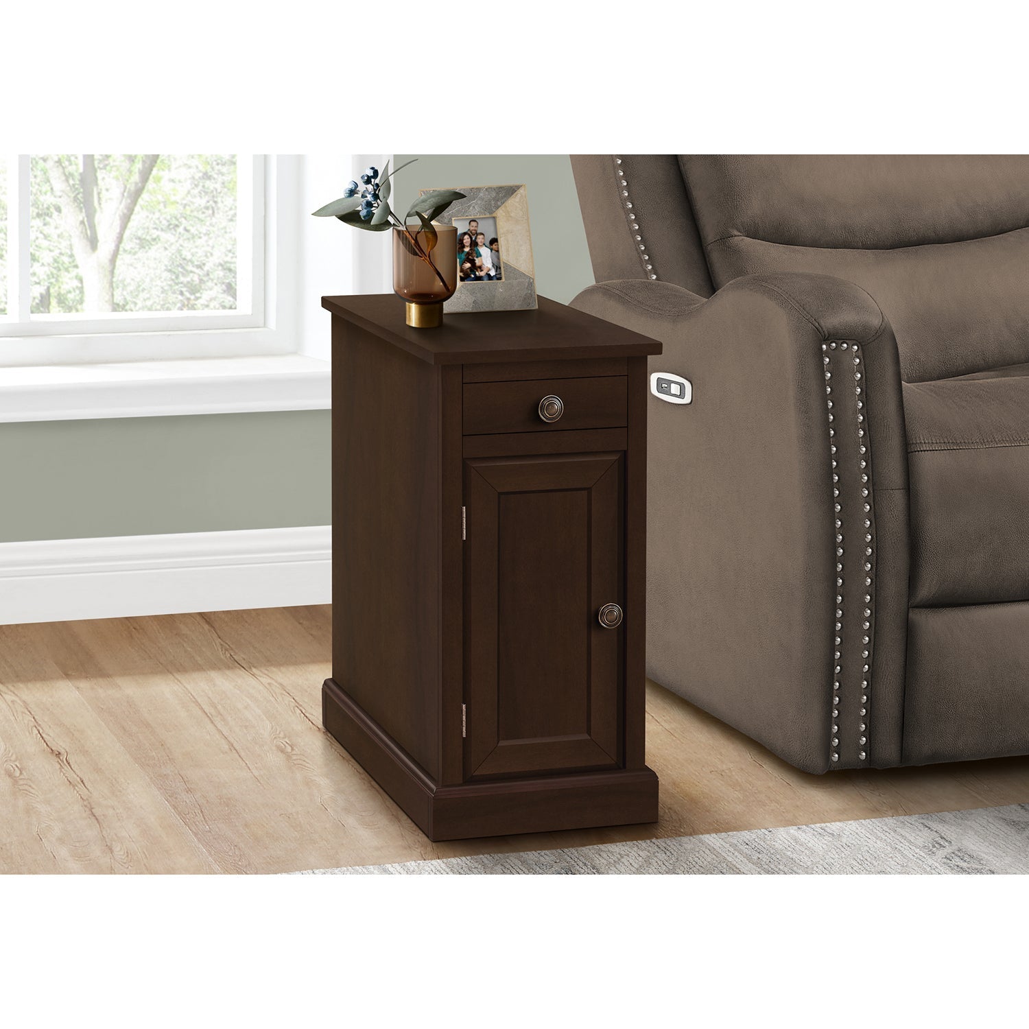 Monarch Specialties I 3964 - Accent Table, End, Side Table, Nightstand, Narrow, Bedroom, Lamp, Storage Drawer, Brown Veneer, Traditional