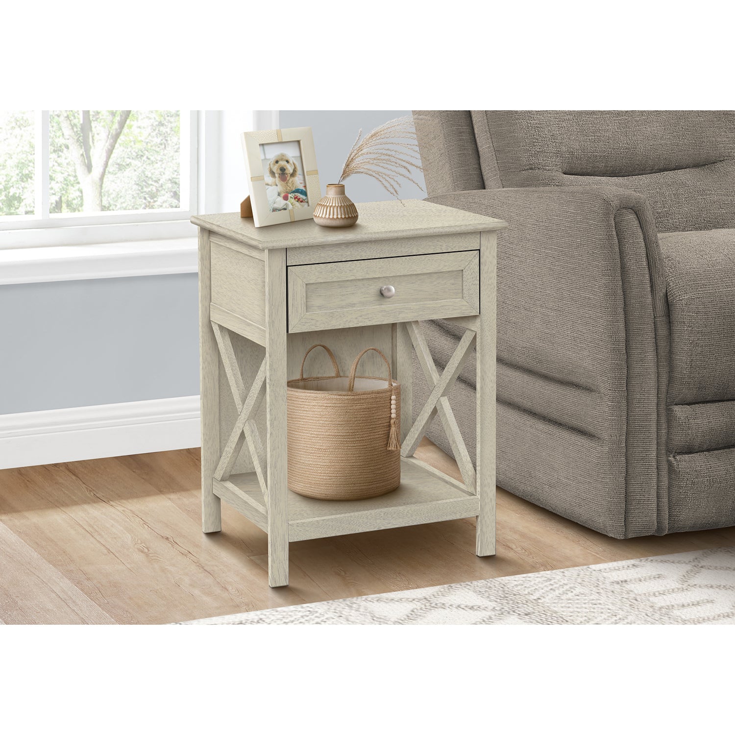 Monarch Specialties I 3984 - Accent Table, End, Side Table, 2 Tier, Bedroom, Nightstand, Lamp, Storage Drawer, Antique White Veneer, Transitional