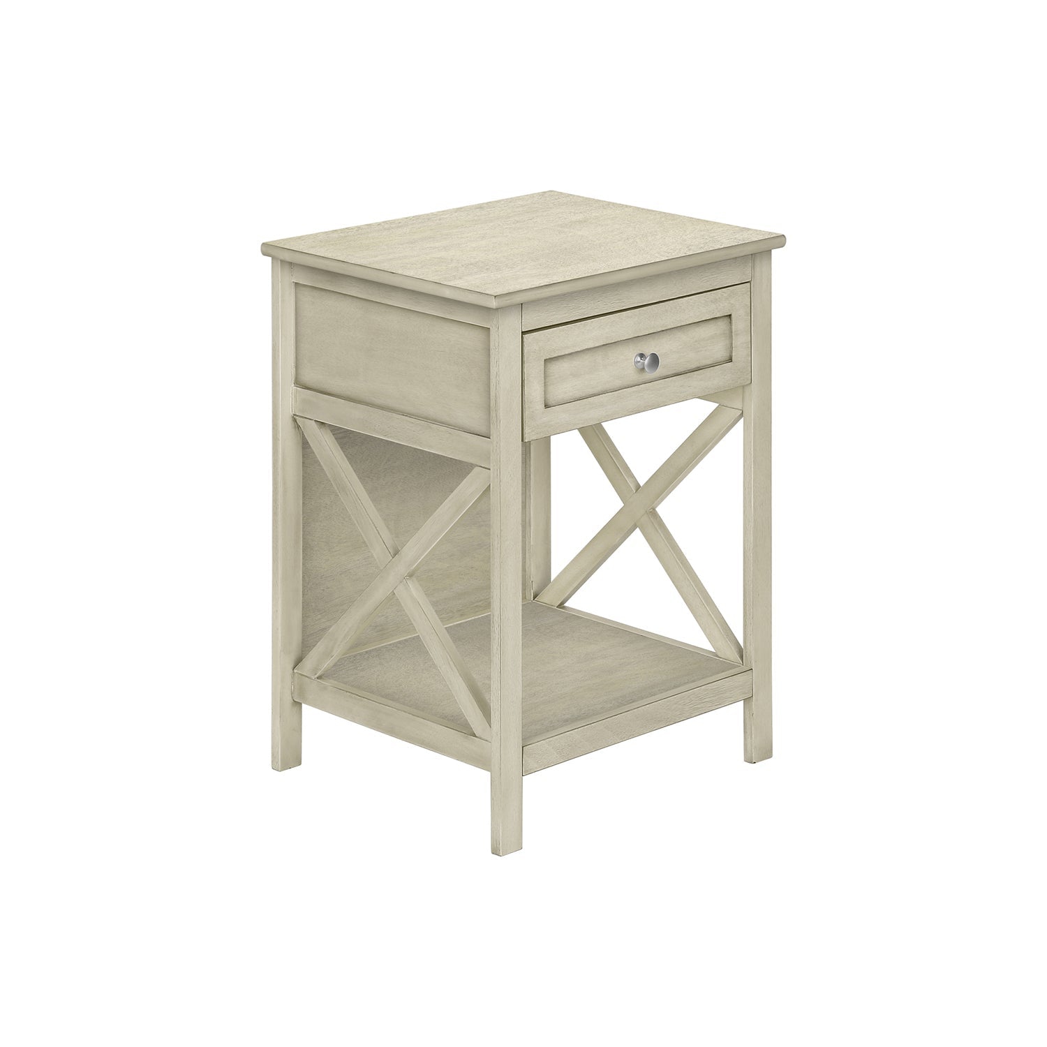 Monarch Specialties I 3984 - Accent Table, End, Side Table, 2 Tier, Bedroom, Nightstand, Lamp, Storage Drawer, Antique White Veneer, Transitional
