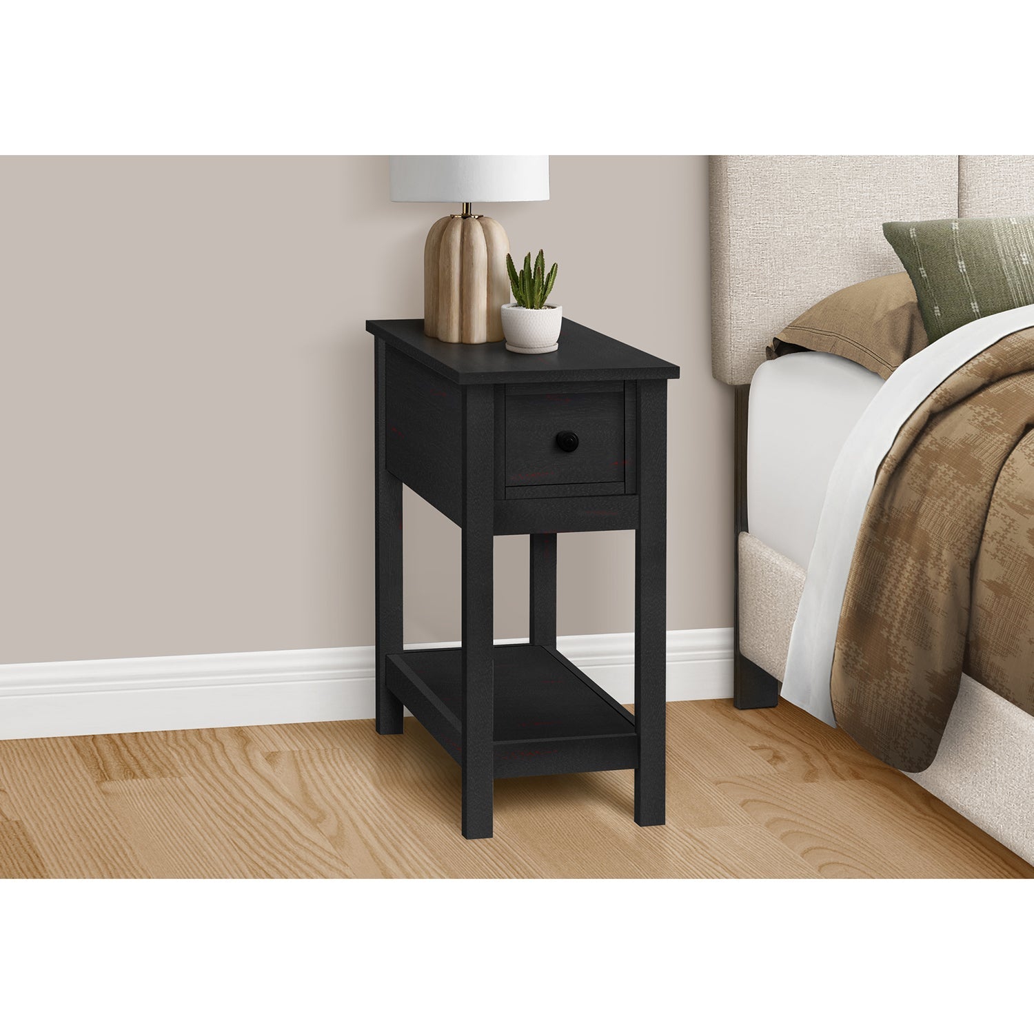 Monarch Specialties I 3961 - Accent Table, 2 Tier, End, Lamp, Nightstand, Side Table, Narrow, Small, Storage Drawer, Bedroom, Black Veneer,