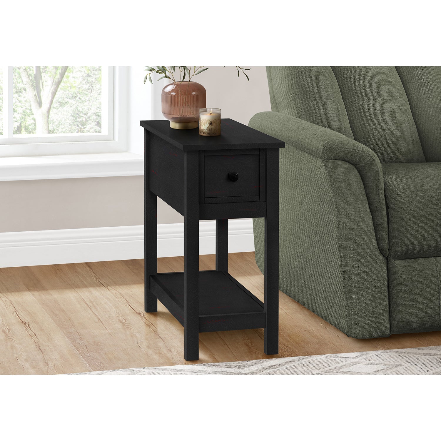 Monarch Specialties I 3961 - Accent Table, 2 Tier, End, Lamp, Nightstand, Side Table, Narrow, Small, Storage Drawer, Bedroom, Black Veneer,