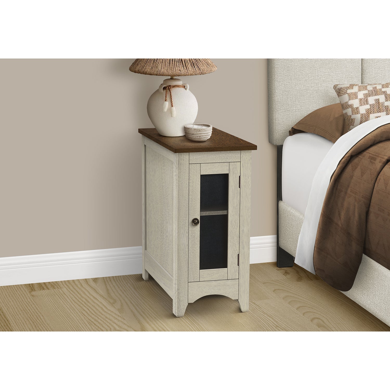 Monarch Specialties I 3966 - Accent Table, End, Side Table, Narrow, Nightstand, Bedroom, Lamp, Storage, Antique White Veneer, Brown Veneer,