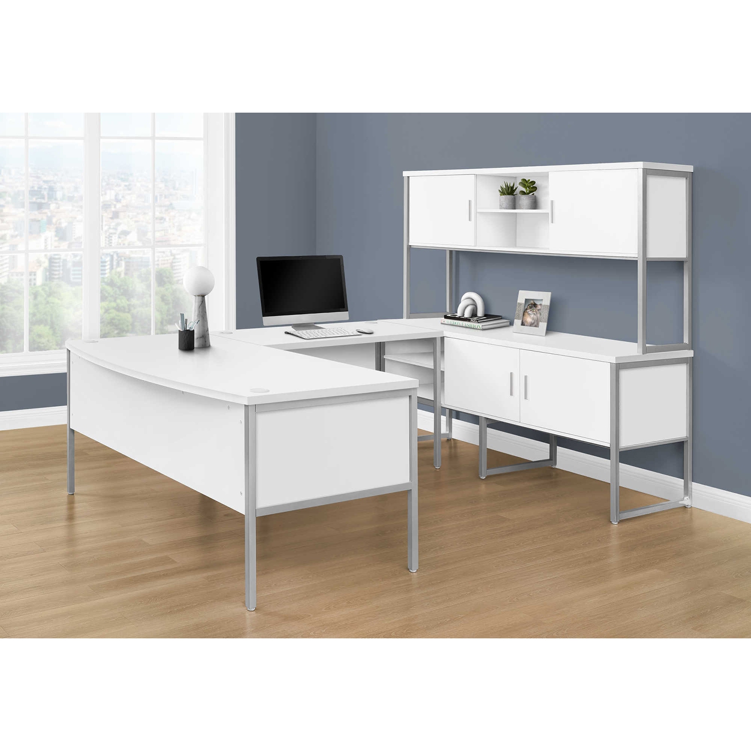 Monarch Specialties I 7727 – bahut de bureau, 72 po de long, bureau à domicile, travail, portes de rangement, qualité commerciale, stratifié blanc,
