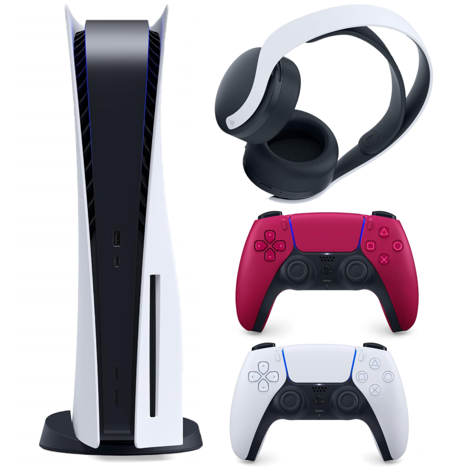 Refurbished (Good) - Sony PlayStation 5 PS5 Disc Version Console, Extra Controller, and PULSE 3D Wireless Headset Bundle (White/Cosmic Red)