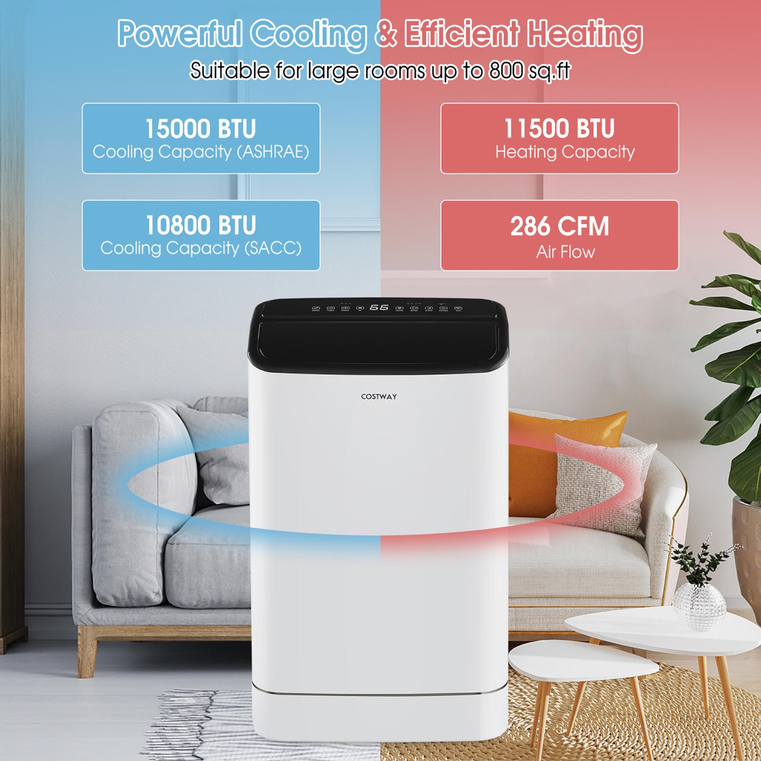 Costway 15000 BTU Portable Air Conditioner, with Heat, Auto Swing 4-in-1 AC Unit for Rooms up to 800 Sq.Ft, with Built-in Dehumidifier, 24H Timer,
