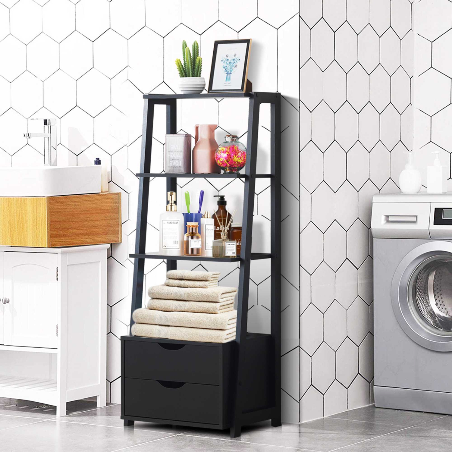 Étagère en échelle de Costway, étagère de rangement moderne en bois à 4 niveaux, rangement avec tiroirs, armoire de salle de bain, support à fleurs,