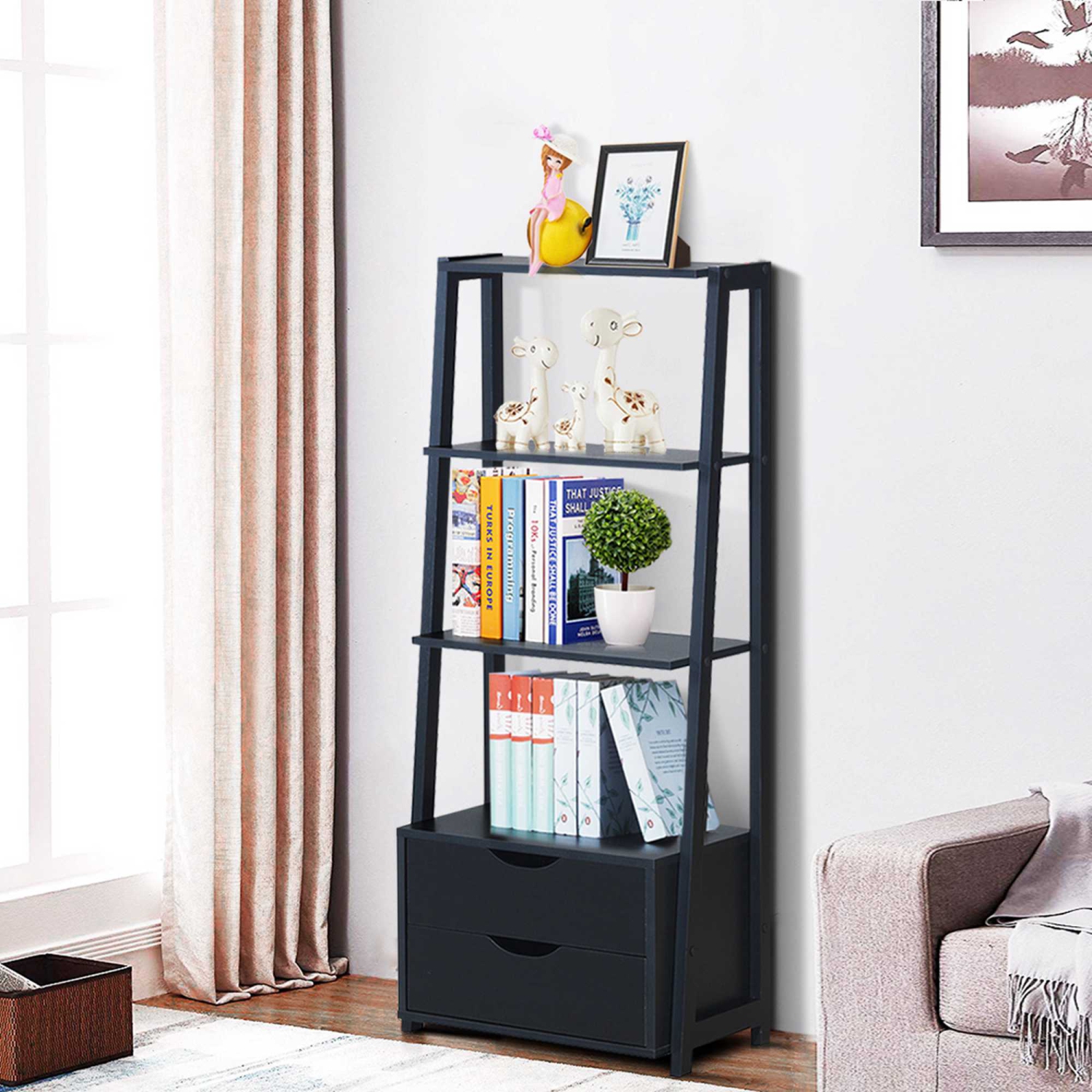 Étagère en échelle de Costway, étagère de rangement moderne en bois à 4 niveaux, rangement avec tiroirs, armoire de salle de bain, support à fleurs,
