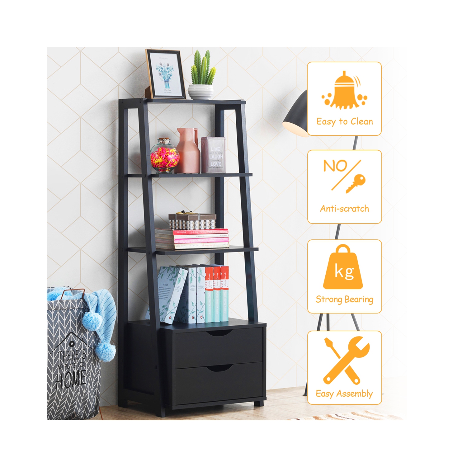 Étagère en échelle de Costway, étagère de rangement moderne en bois à 4 niveaux, rangement avec tiroirs, armoire de salle de bain, support à fleurs,