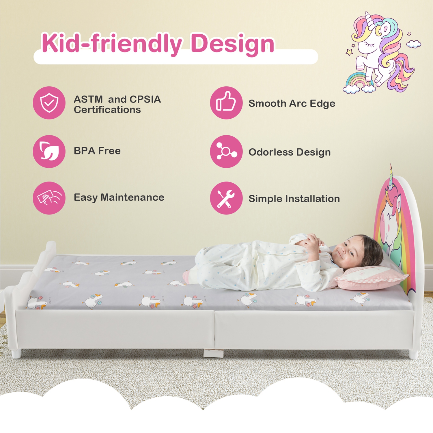 Costway Twin Bed Frames for Kids, Toddler Wooden Twin Bed Platform with Headboard & Slat Base, Children Bedroom Furniture, Fits Standard Twin