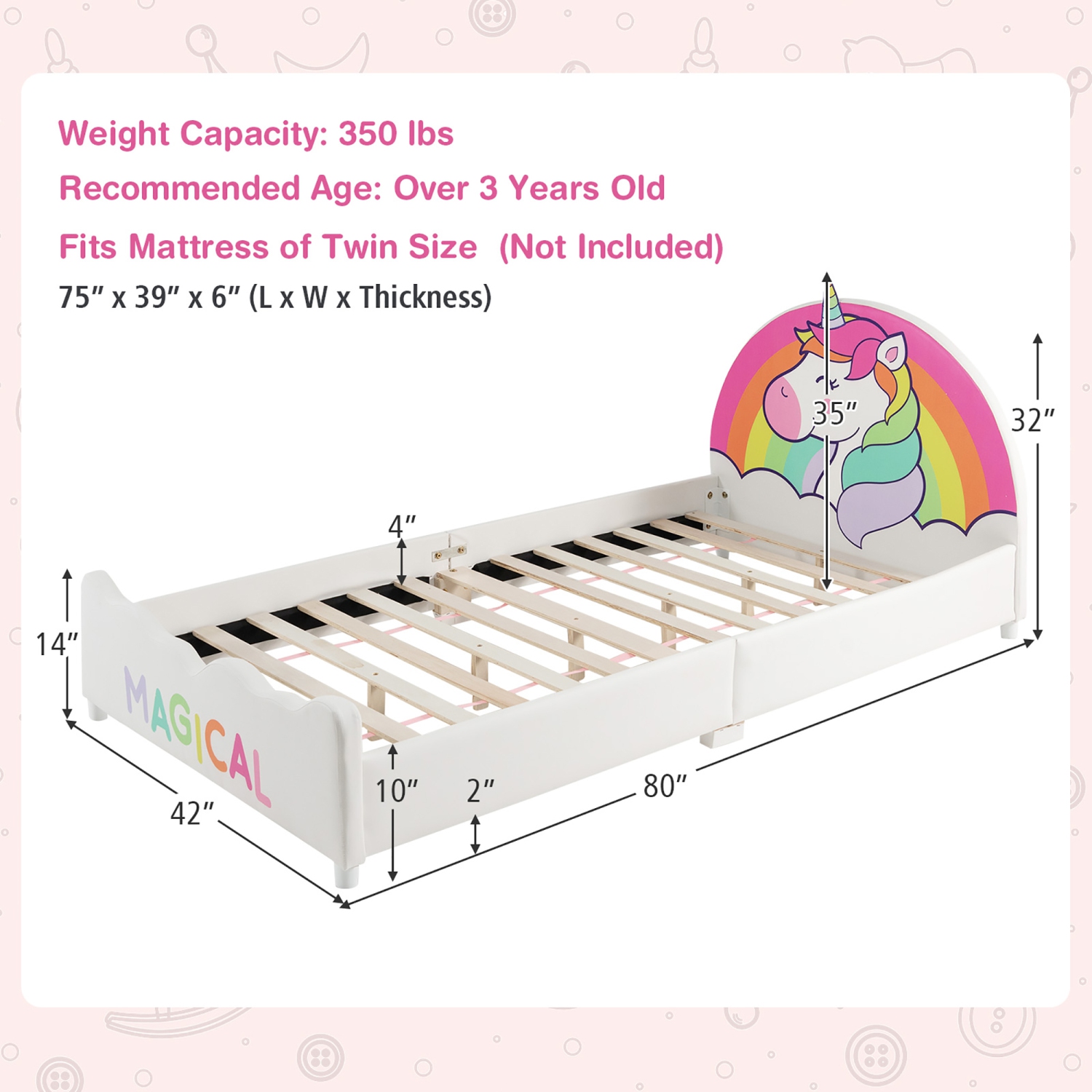 Costway Twin Bed Frames for Kids, Toddler Wooden Twin Bed Platform with Headboard & Slat Base, Children Bedroom Furniture, Fits Standard Twin